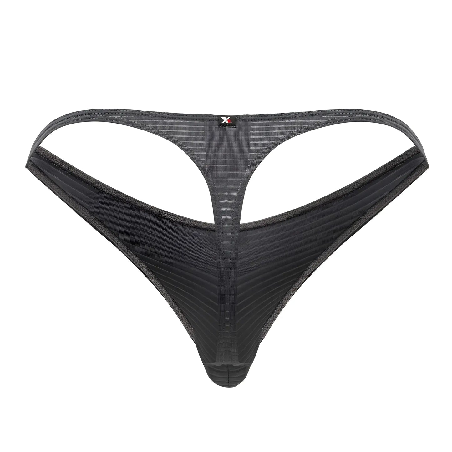 Back side of xtremen 91198 gray jacquard thong with black ribbed mesh texture and small red logo at center back