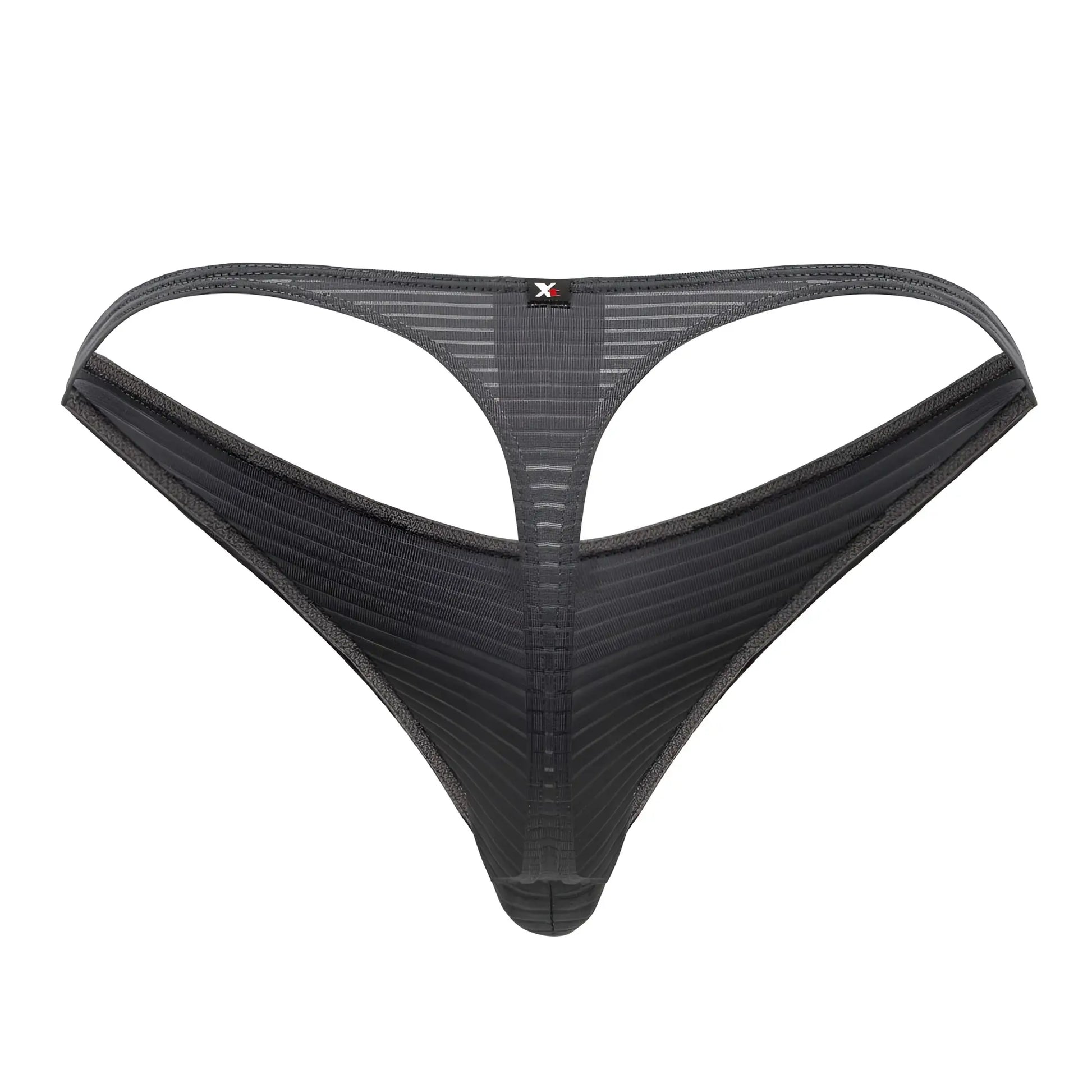 Back side of xtremen 91198 gray jacquard thong with black ribbed mesh texture and small red logo at center back