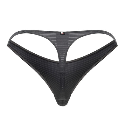 Back side of xtremen 91198 gray jacquard thong with black ribbed mesh texture and small red logo at center back
