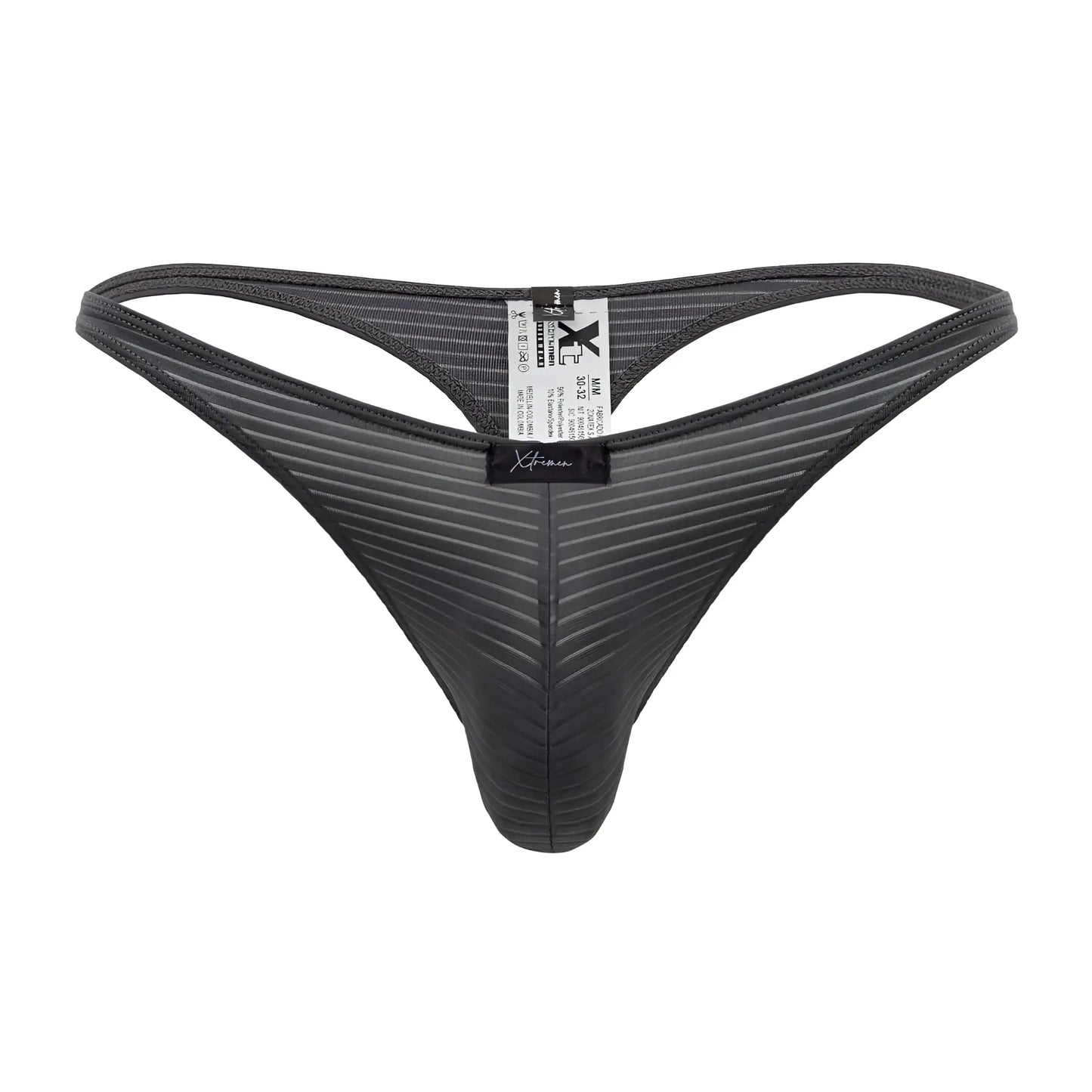 Black xtremen 91198 jacquard thong with gray diagonal ribbing and branded label shown from the back side