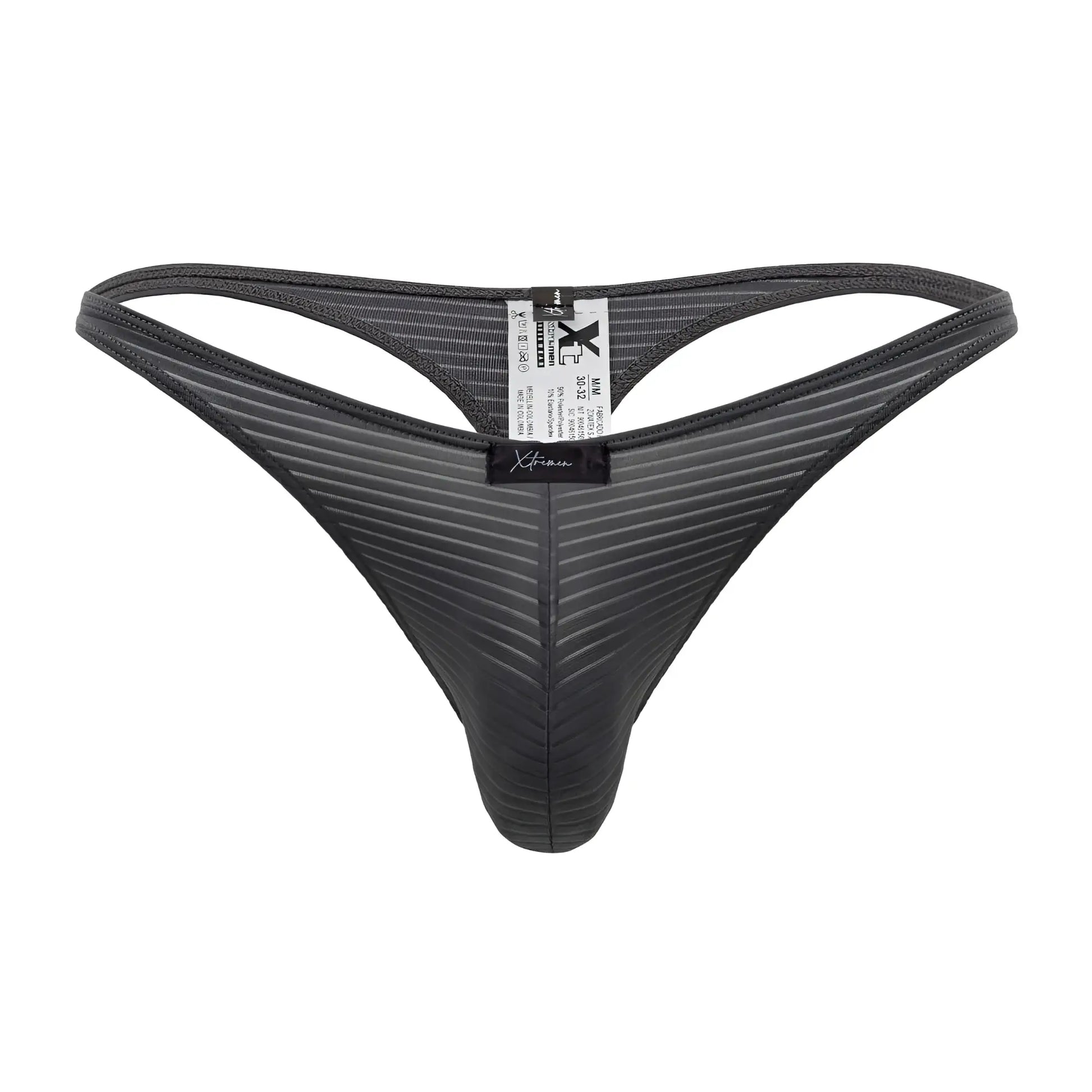 Black xtremen 91198 jacquard thong with gray diagonal ribbing and branded label shown from the back side