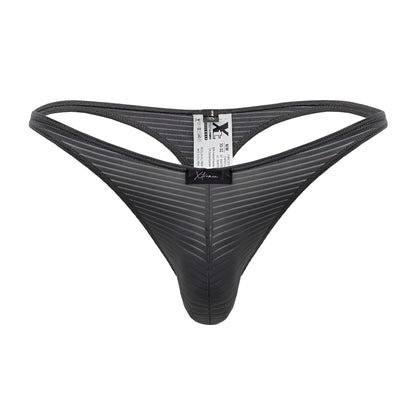 Black xtremen 91198 jacquard thong with gray diagonal ribbing and branded label shown from the back side