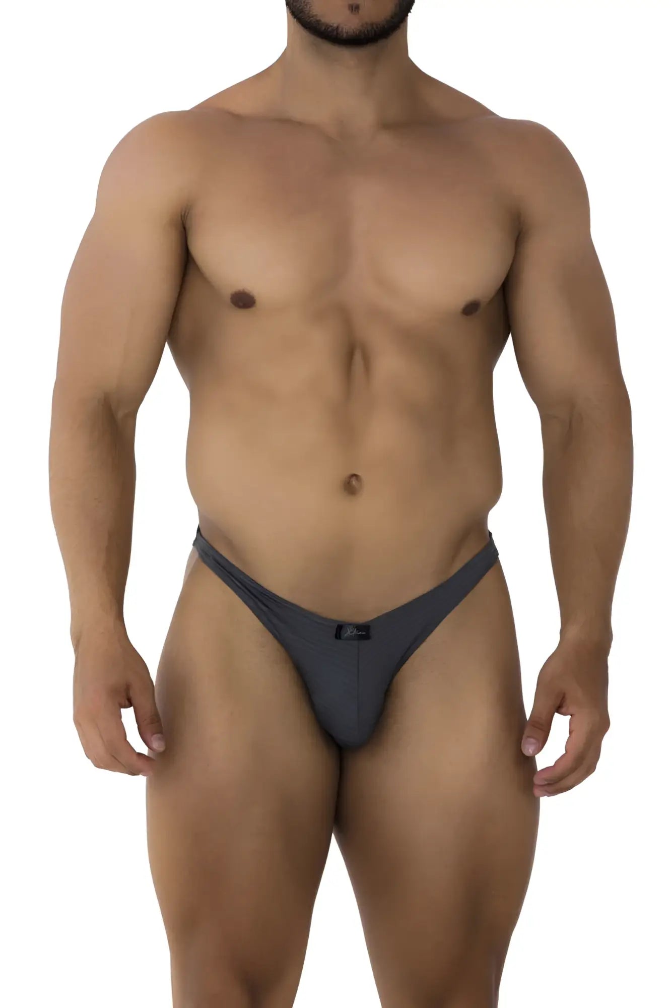 Dark gray Xtremen 91198 jacquard form-fitting thong with small black brand tag at the center back