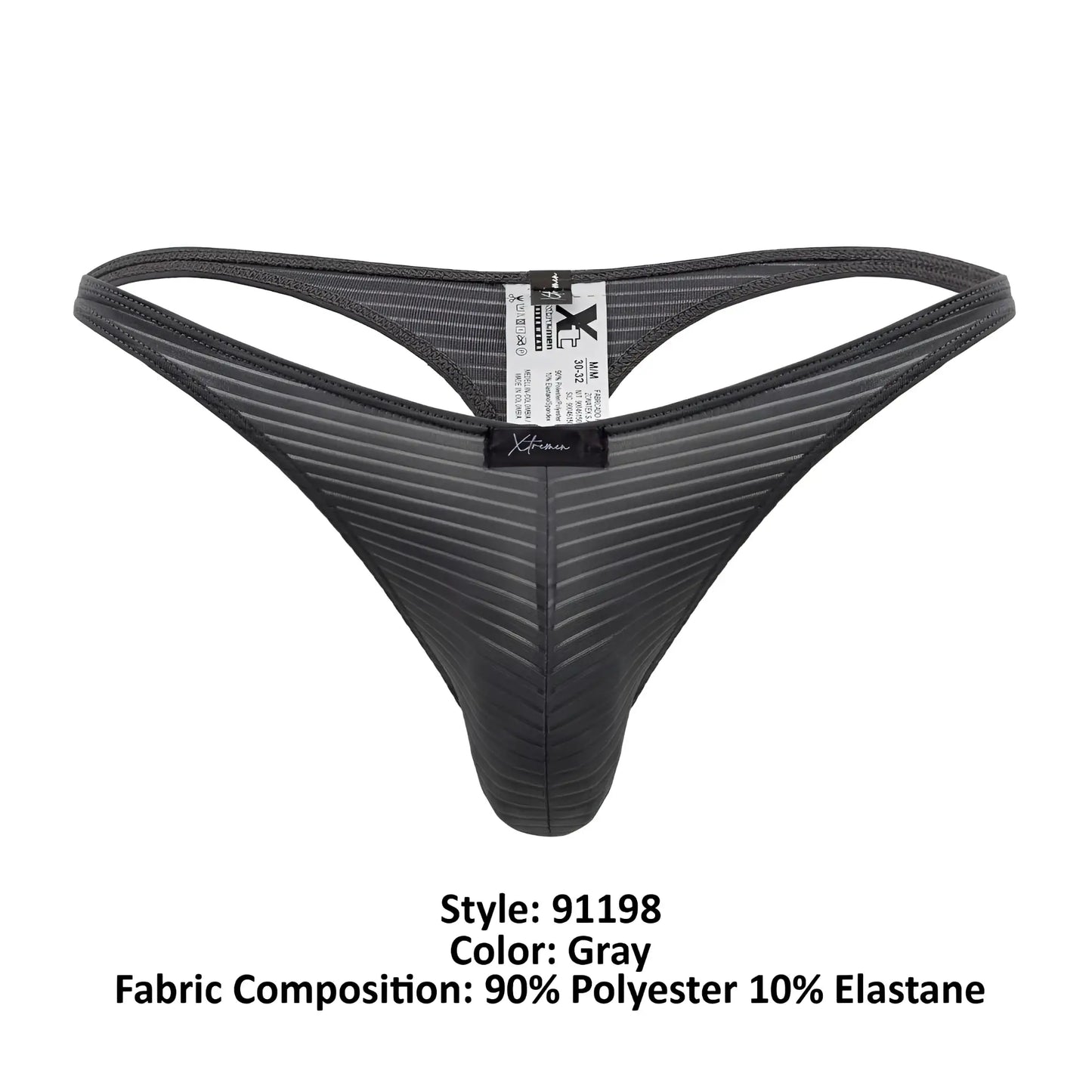 Gray xtremen 91198 jacquard thong with ribbed texture and black elastic waistband made of polyester and elastane