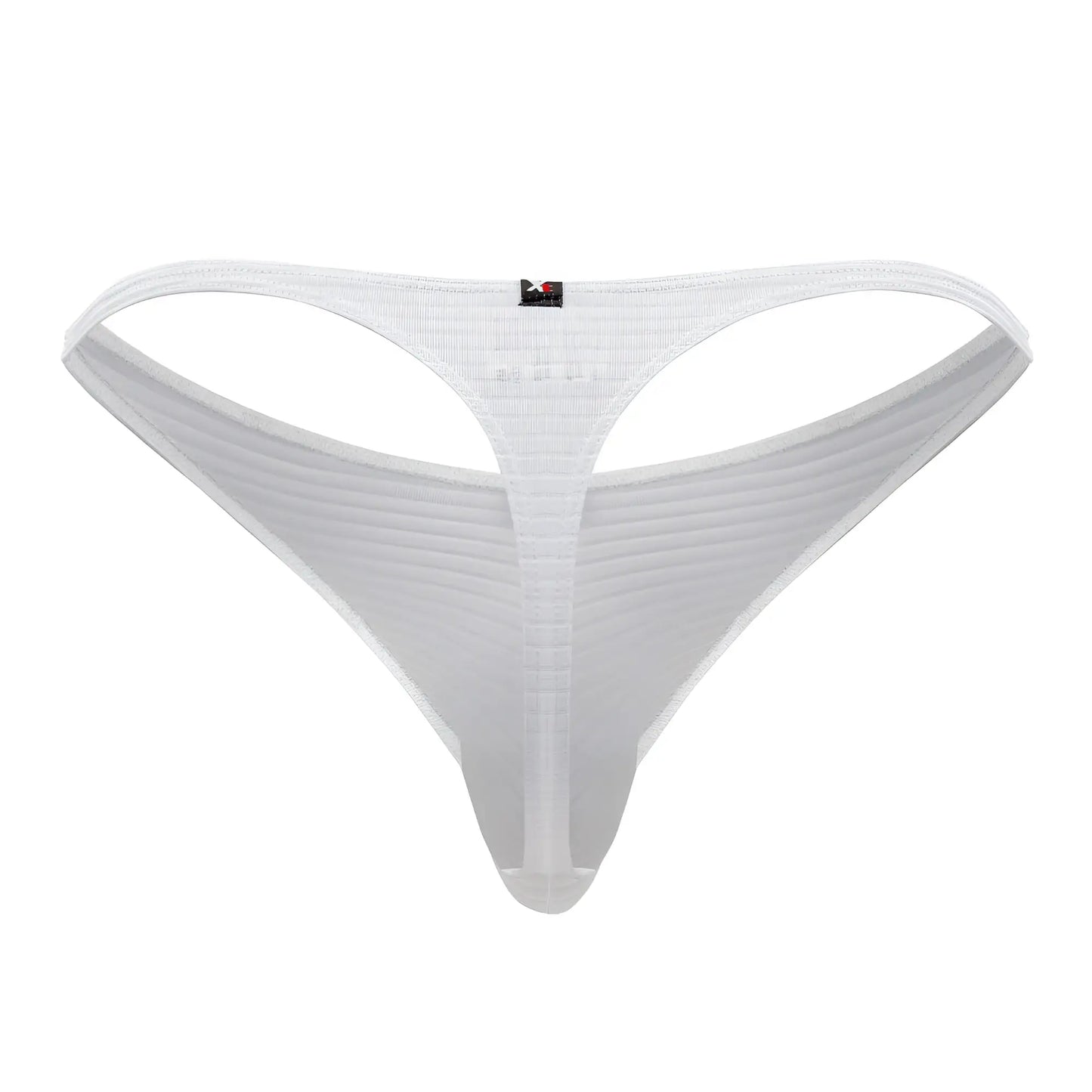 White xtremen 91198 jacquard thong back side with sheer ribbed mesh fabric and small black logo tag