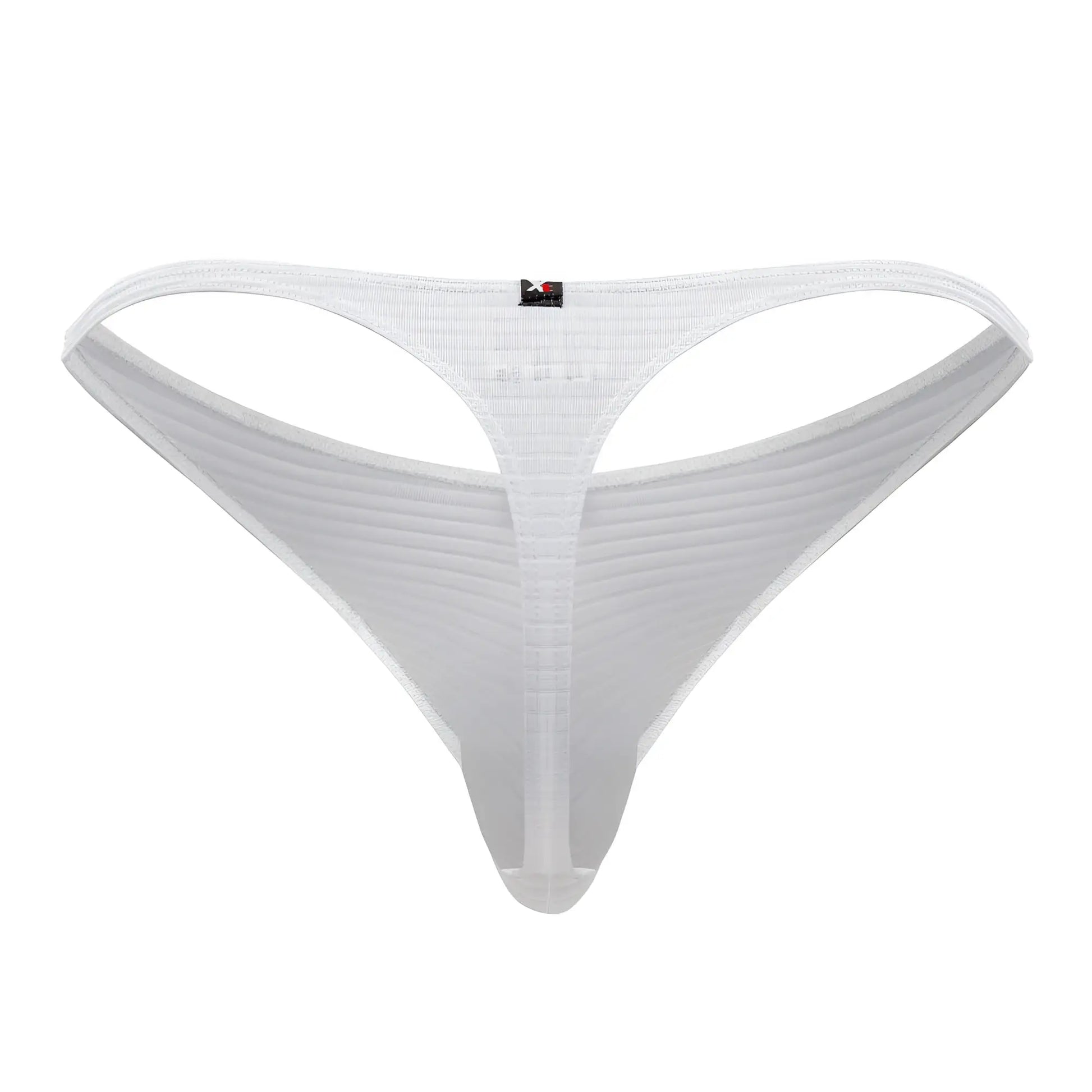 White xtremen 91198 jacquard thong back side with sheer ribbed mesh fabric and small black logo tag