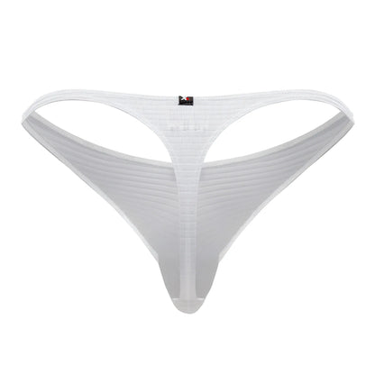 White xtremen 91198 jacquard thong back side with sheer ribbed mesh fabric and small black logo tag