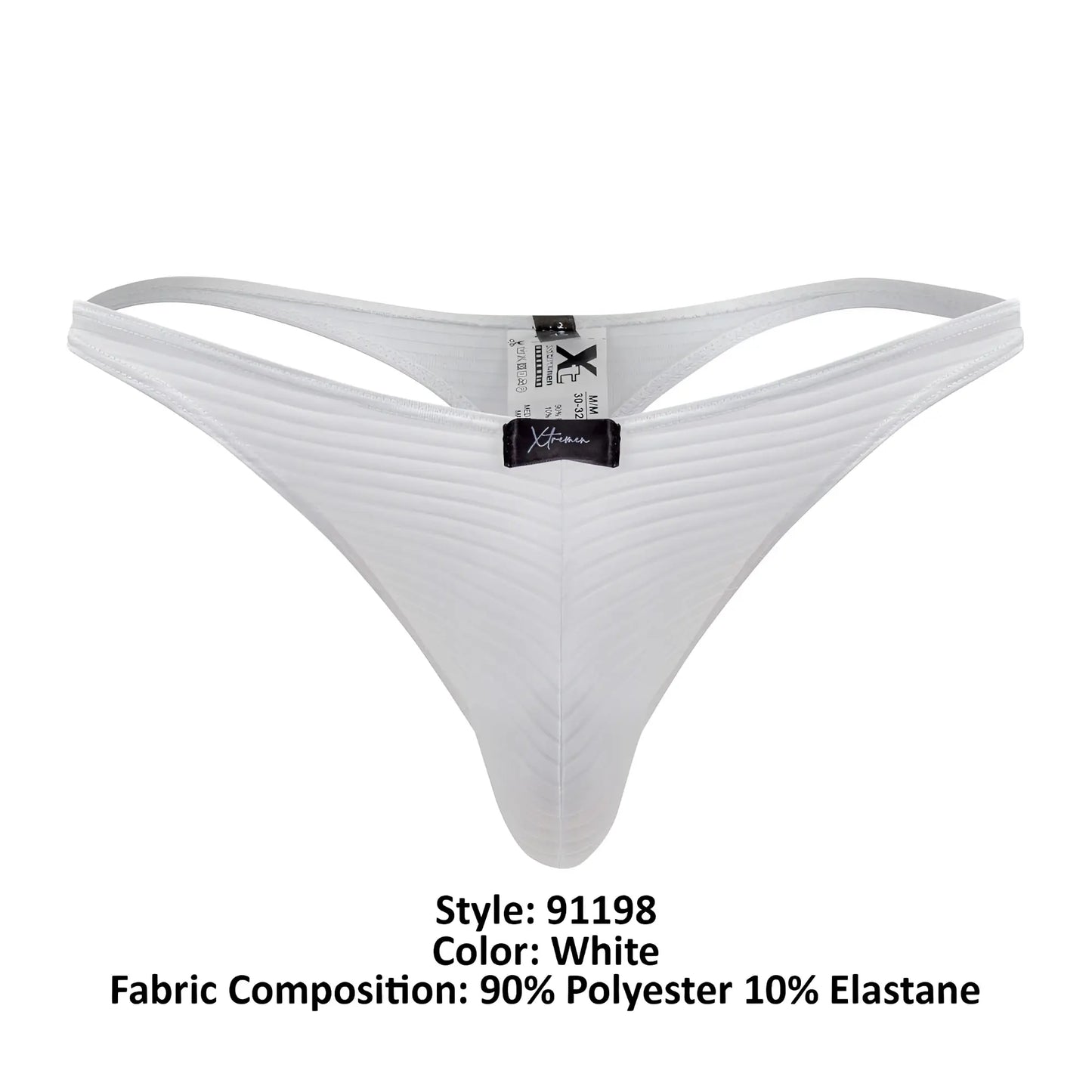 White xtremen 91198 jacquard thong with subtle ribbed texture and black brand tag shown from the back side