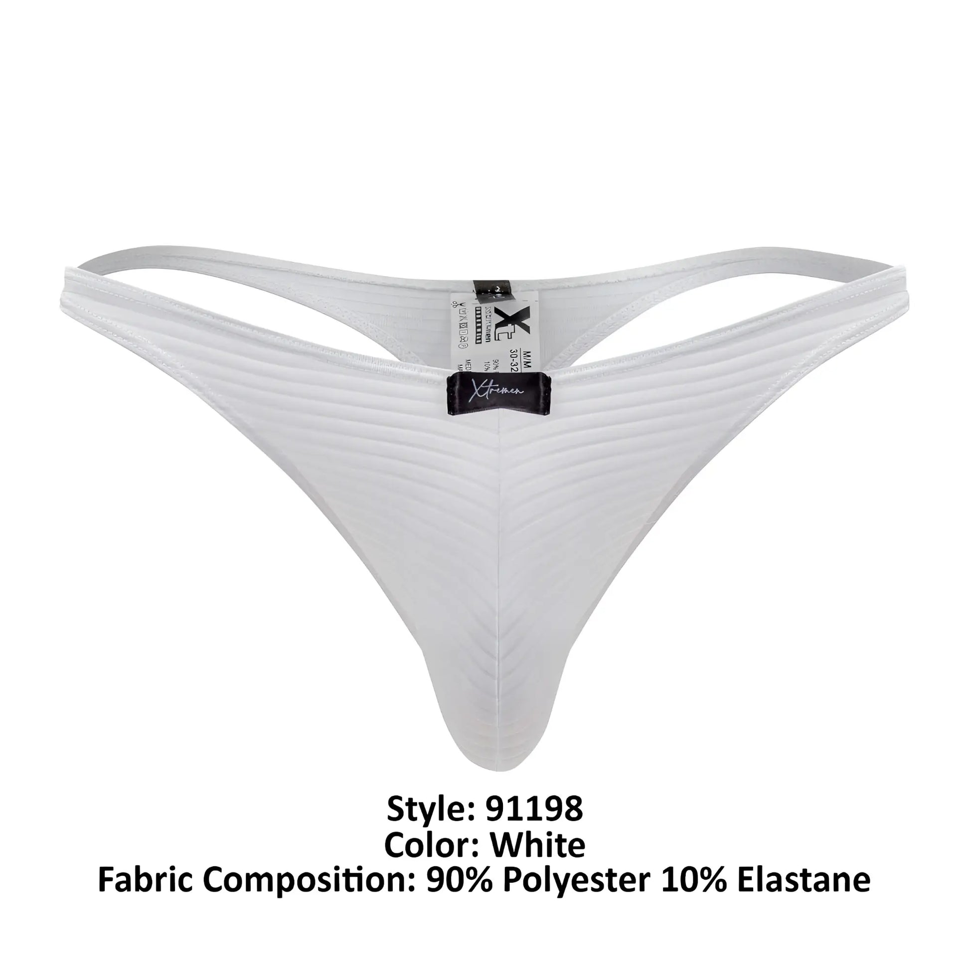 White xtremen 91198 jacquard thong with subtle ribbed texture and black brand tag shown from the back side