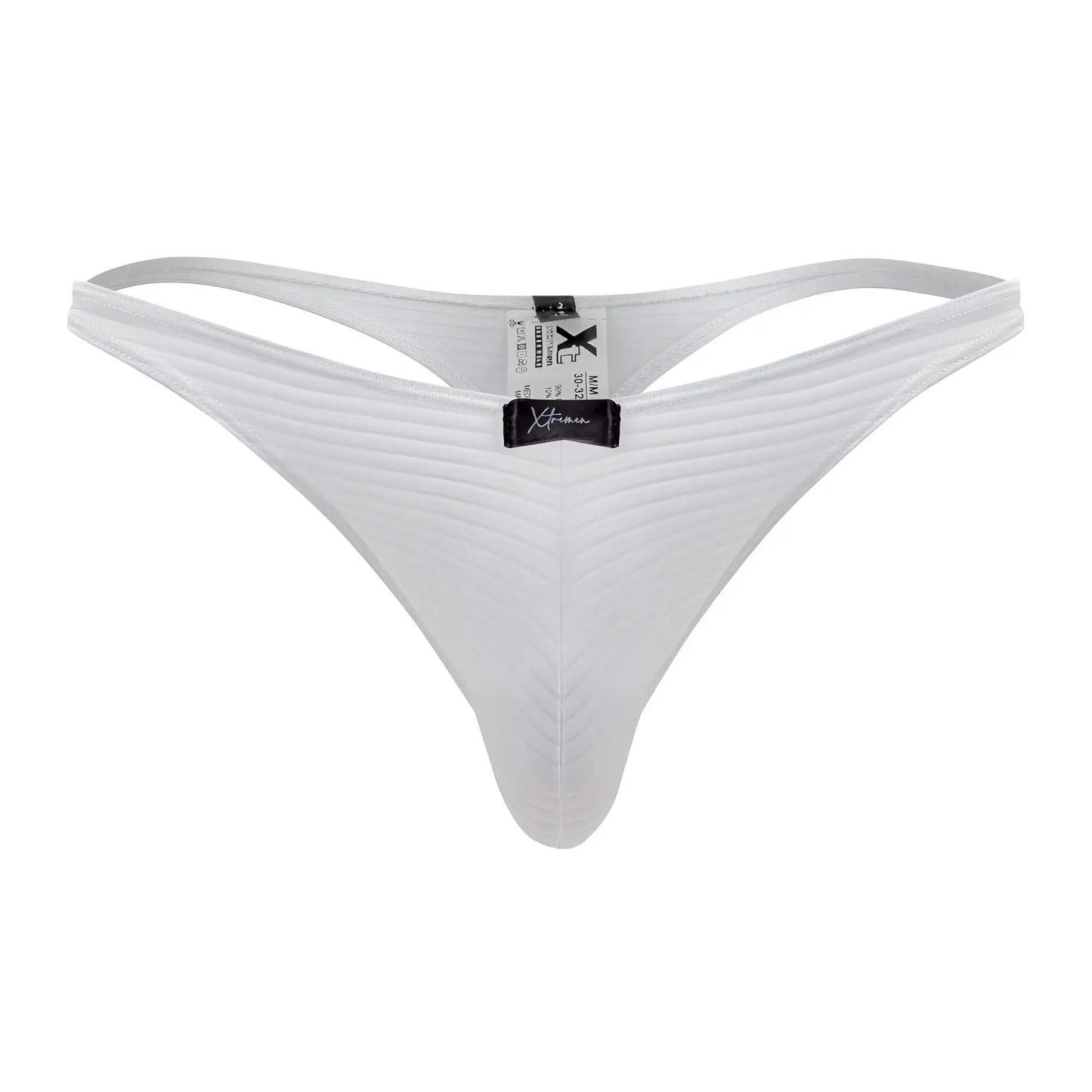White xtremen 91198 jacquard thong with subtle vertical ribbing and a black brand tag at the center front