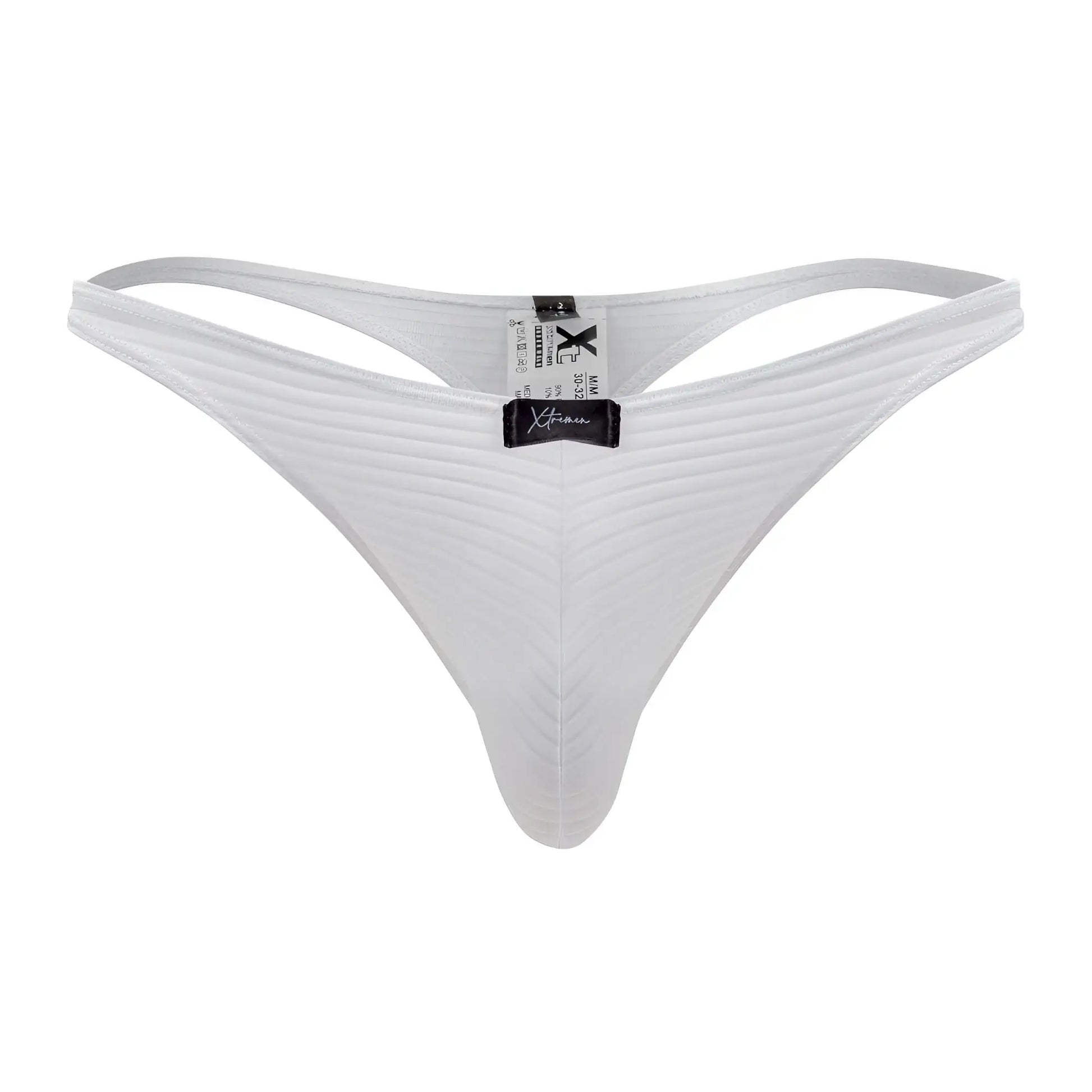 White xtremen 91198 jacquard thong with subtle vertical ribbing and a black brand tag at the center front