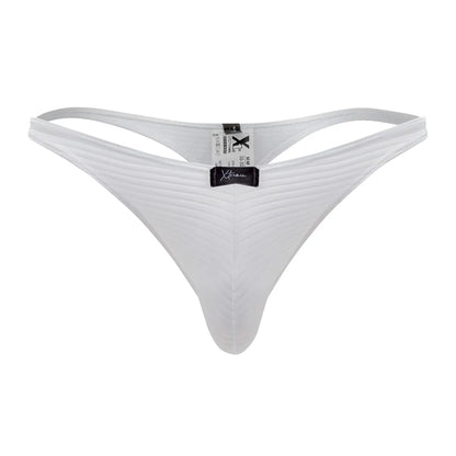 White xtremen 91198 jacquard thong with subtle vertical ribbing and a black brand tag at the center front