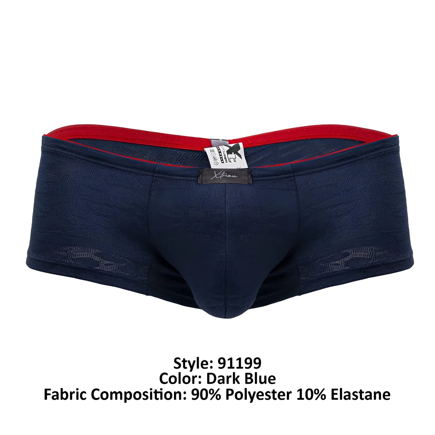 Dark blue xtremen 91199 jacquard trunks with red waistband made of 90 polyester and 10 elastane fabric