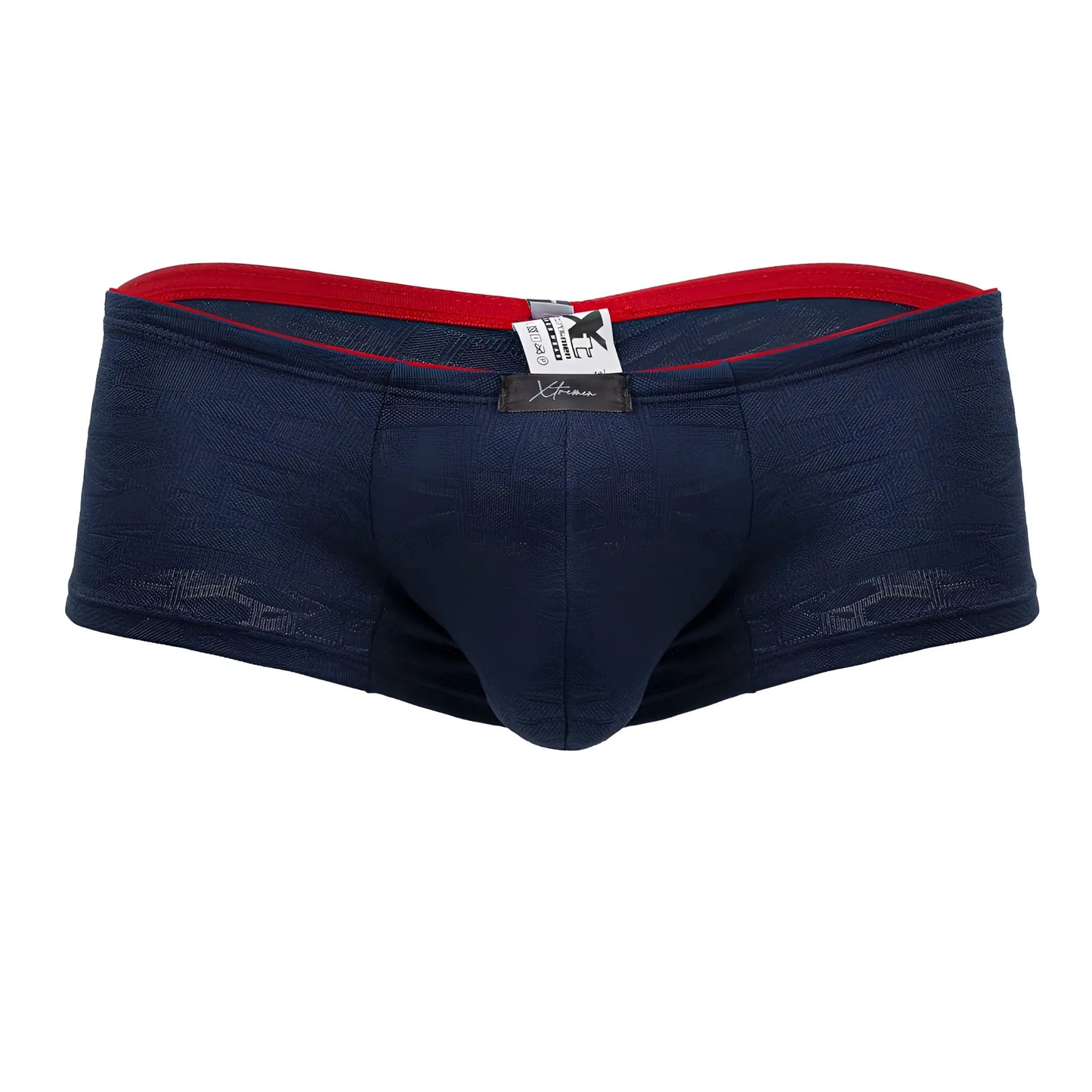 Navy blue xtremen 91199 jacquard trunks with textured fabric red inner waistband and black brand tag visible