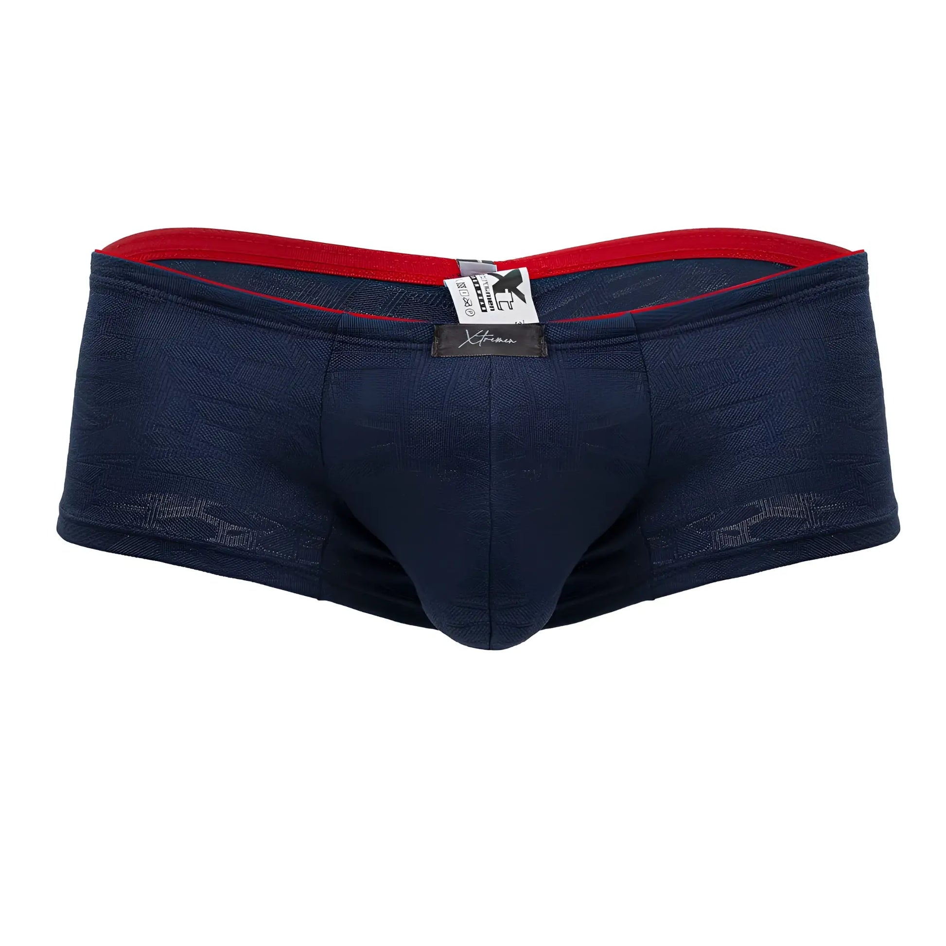 Navy blue xtremen 91199 jacquard trunks with textured fabric red inner waistband and black brand tag visible