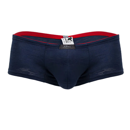 Navy blue xtremen 91199 jacquard trunks with textured fabric red inner waistband and black brand tag visible