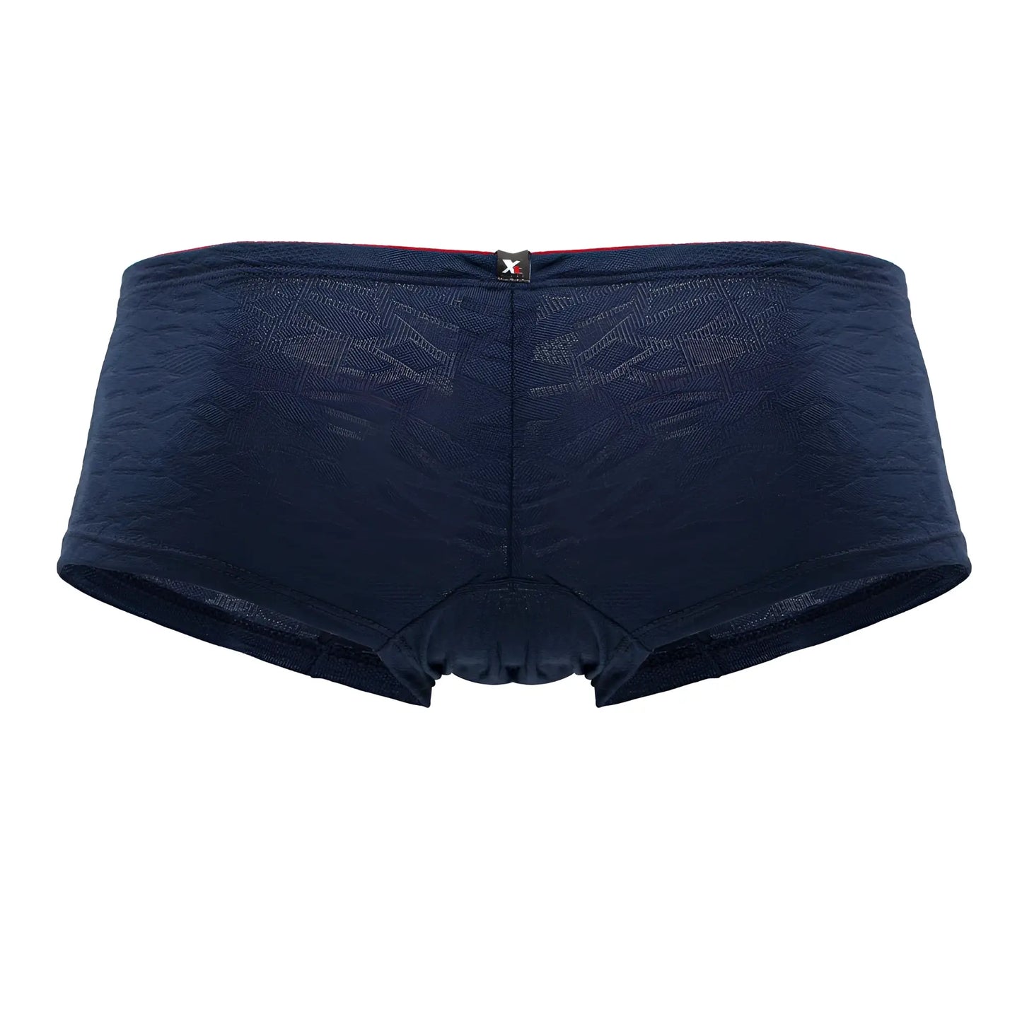 Dark blue Xtremen 91199 jacquard trunks with textured geometric pattern and red-trimmed waistband featuring x logo