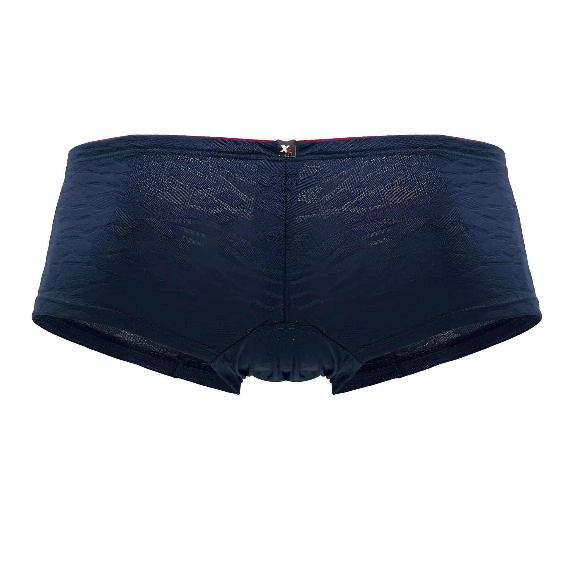 Dark blue Xtremen 91199 jacquard trunks with textured geometric pattern and red-trimmed waistband featuring x logo