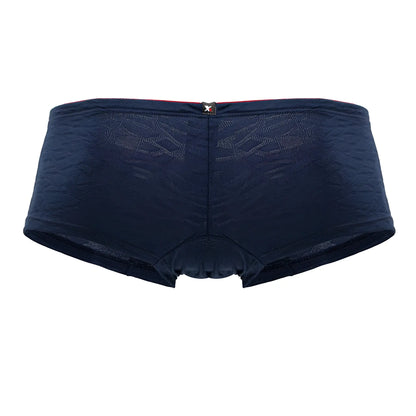 Dark blue Xtremen 91199 jacquard trunks with textured geometric pattern and red-trimmed waistband featuring x logo