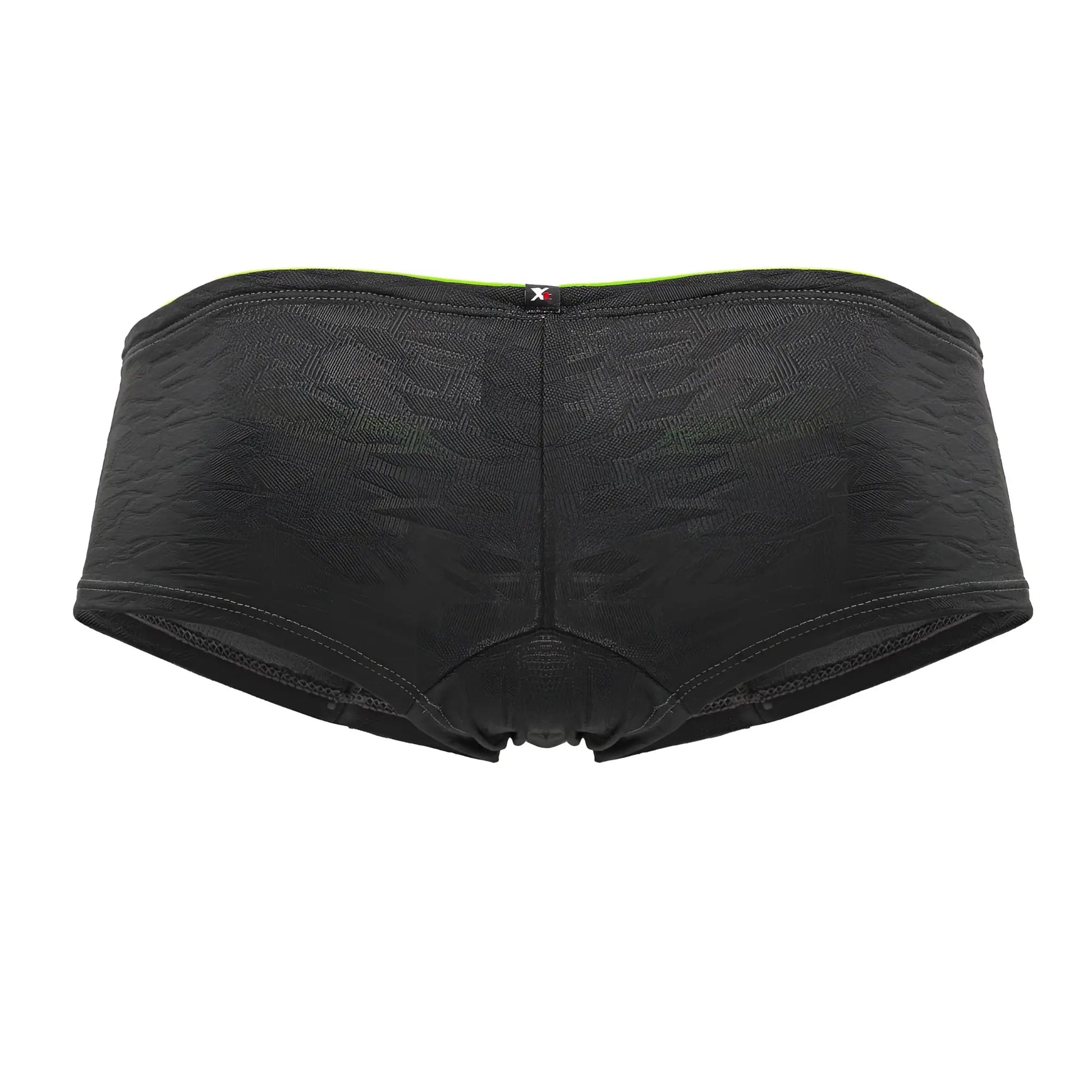 Xtremen 91199 jacquard trunks gray black lace briefs with neon green waistband and small x logo tag front view