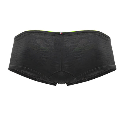 Xtremen 91199 jacquard trunks gray black lace briefs with neon green waistband and small x logo tag front view