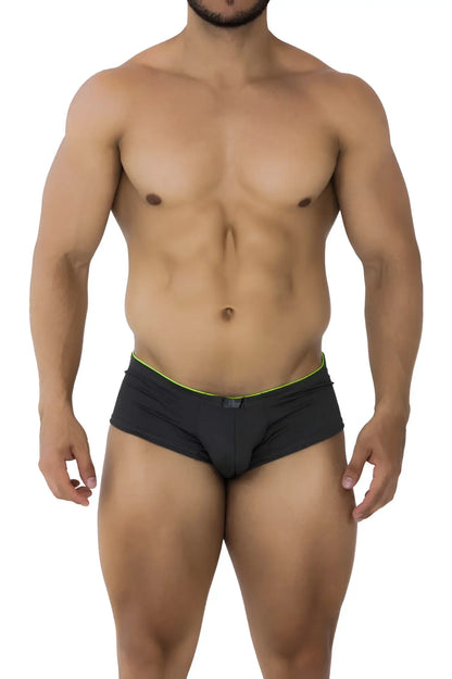 Black Xtremen 91199 jacquard trunks with neon green trim and gray fabric showcasing the front view