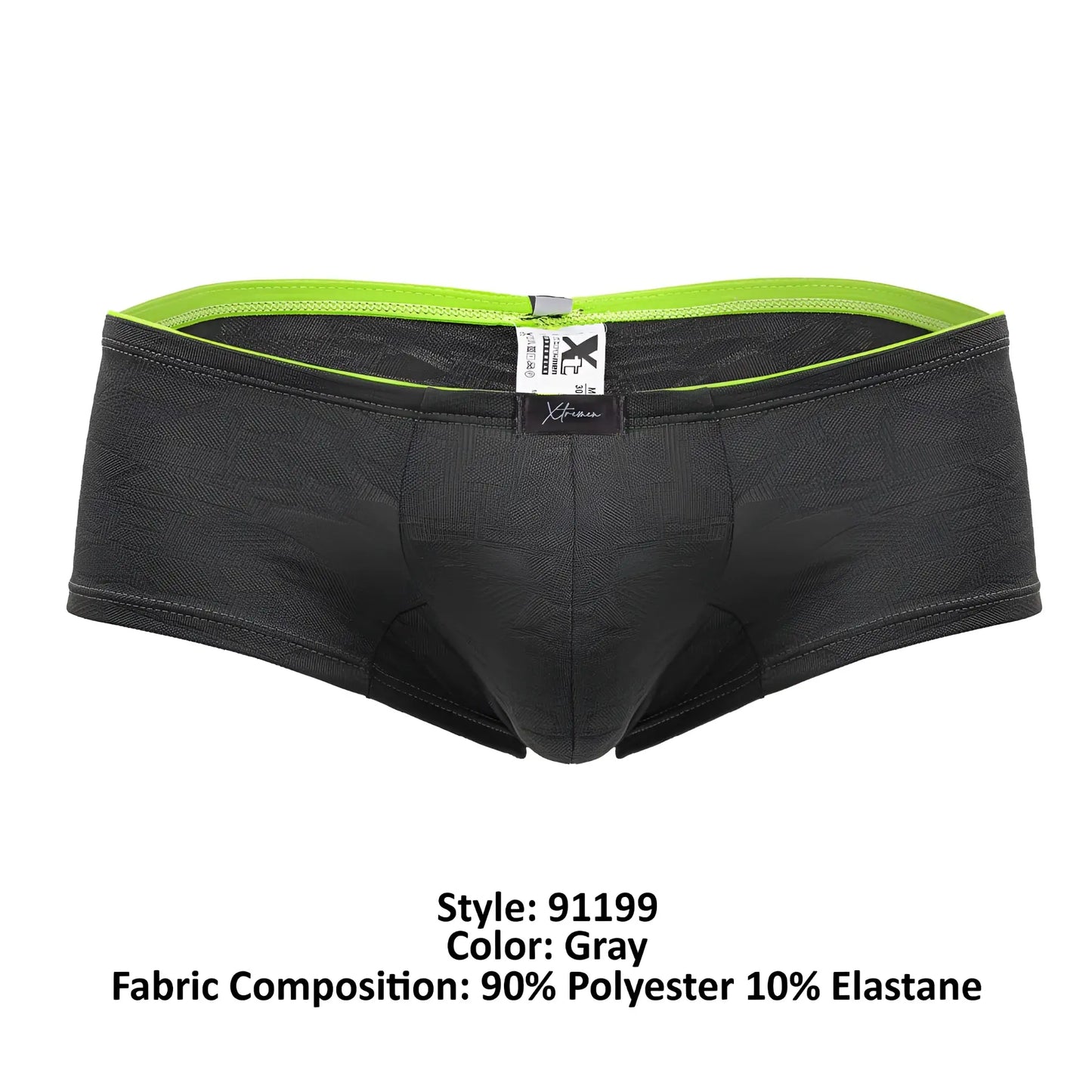 Gray xtremen 91199 jacquard trunks mens briefs with neon green elastic waistband and subtle textured fabric