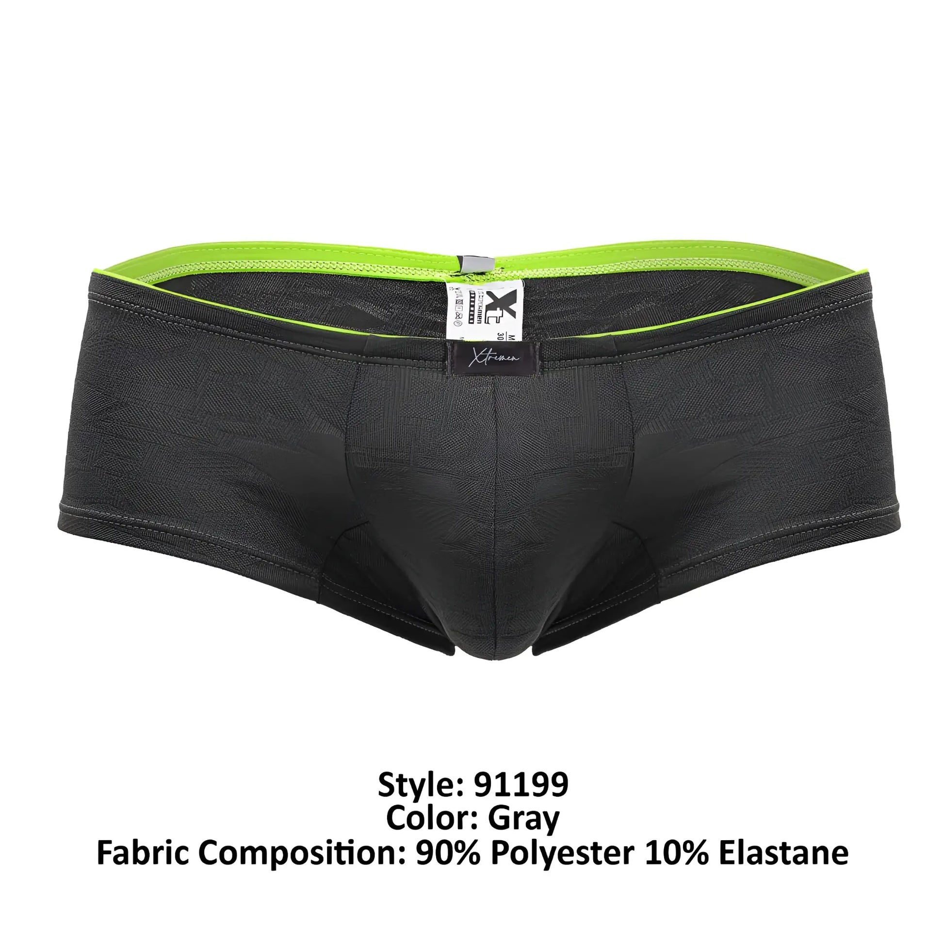 Gray xtremen 91199 jacquard trunks mens briefs with neon green elastic waistband and subtle textured fabric