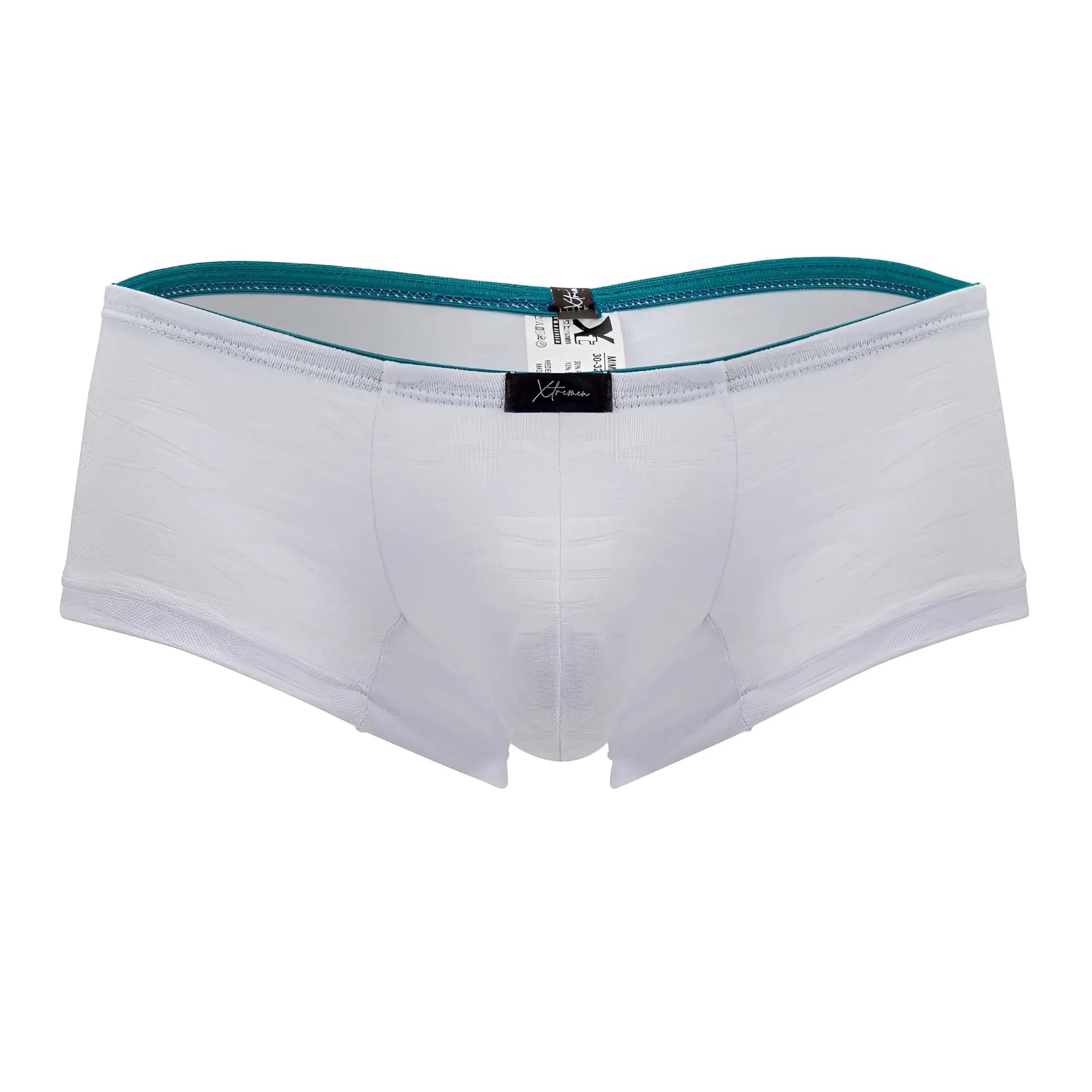 White xtremen 91199 jacquard trunks men’s briefs with teal elastic waistband and subtle textured fabric