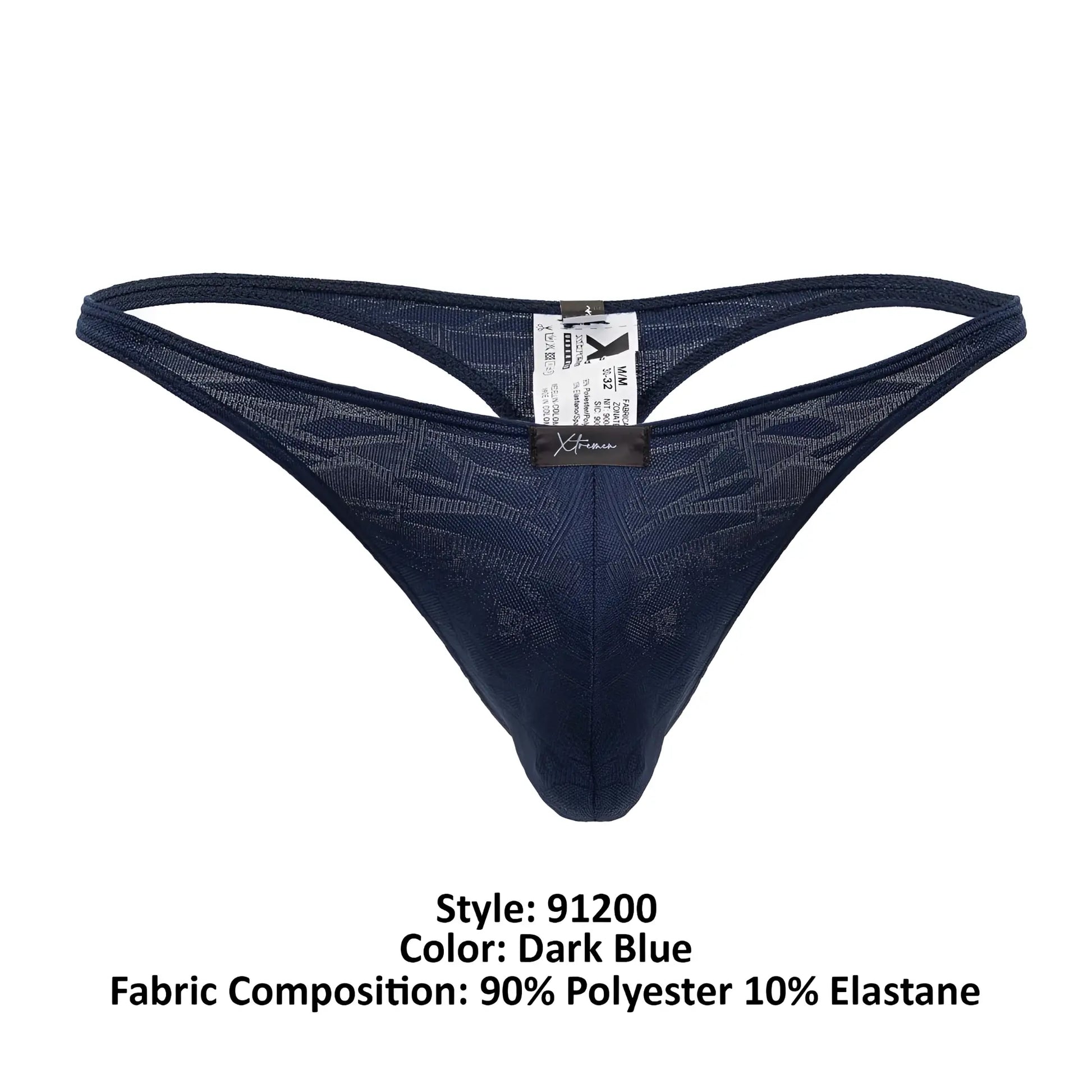 Dark blue lace thong with subtle geometric jacquard pattern and branded tag visible on the back by Xtremen 91200