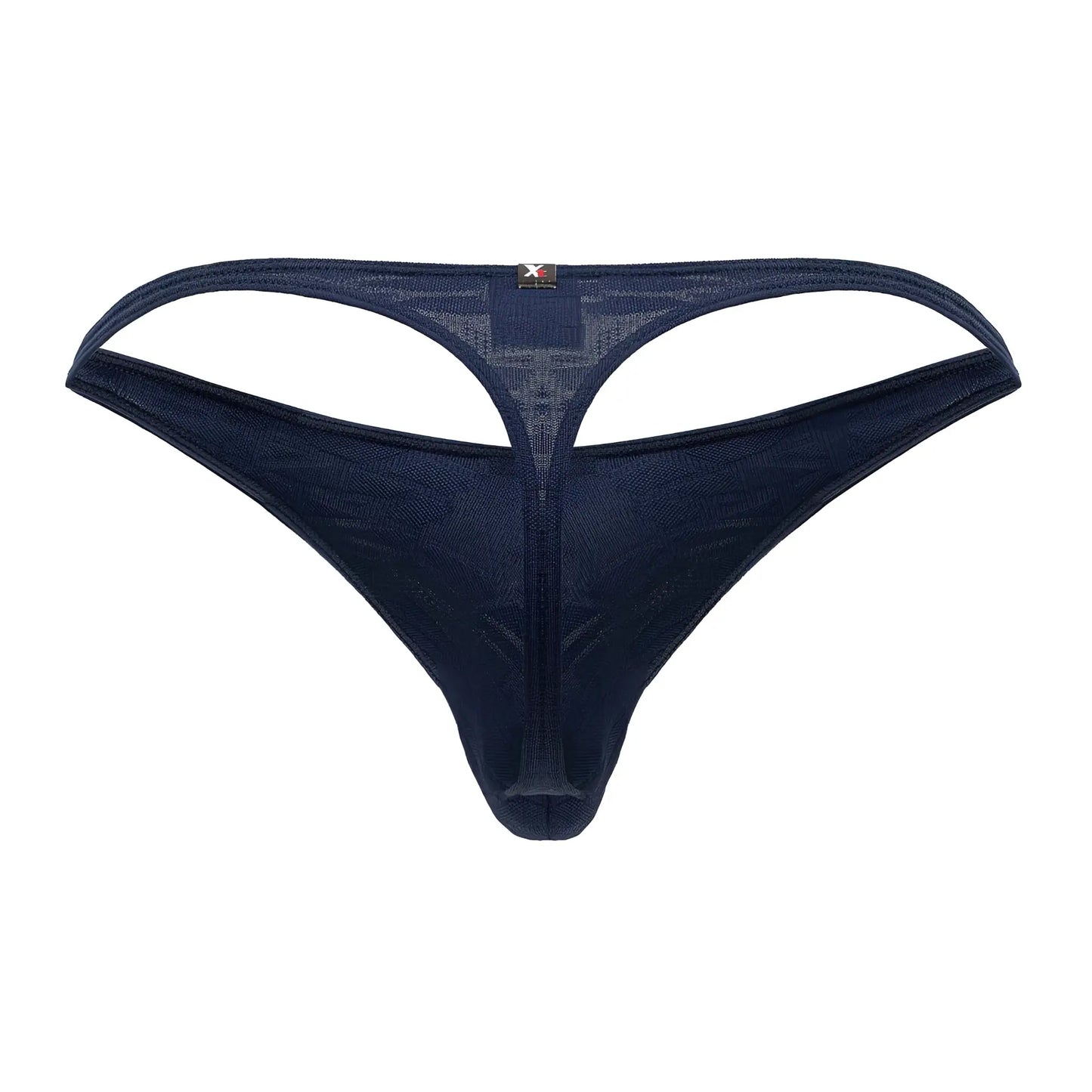 Dark blue xtremen 91200 jacquard thong mesh with central cutout and small brand tag at the back side