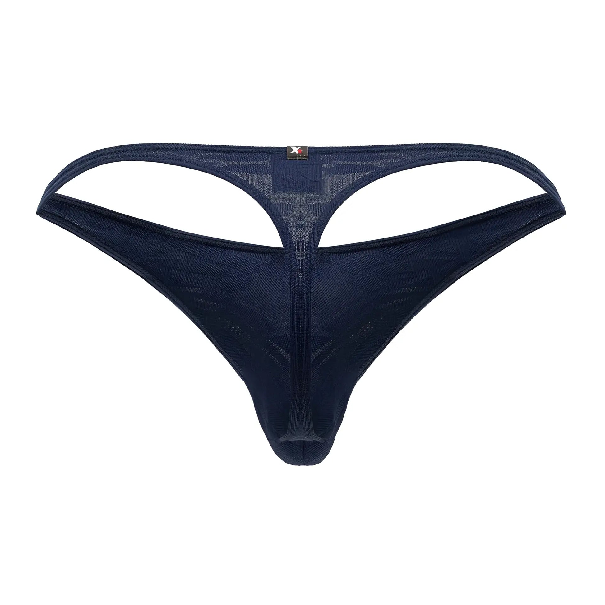 Dark blue xtremen 91200 jacquard thong mesh with central cutout and small brand tag at the back side