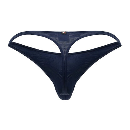 Dark blue xtremen 91200 jacquard thong mesh with central cutout and small brand tag at the back side