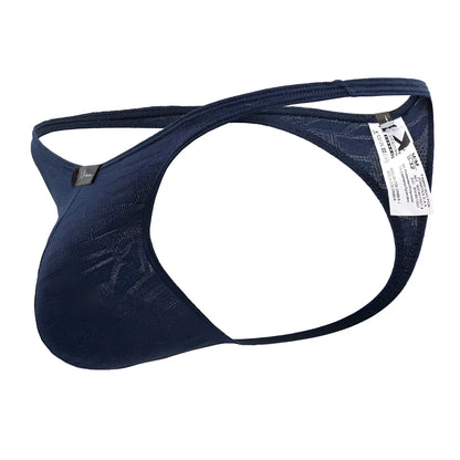 Navy blue Xtremen 91200 jacquard thong with supportive contoured mesh design and branded tag visible