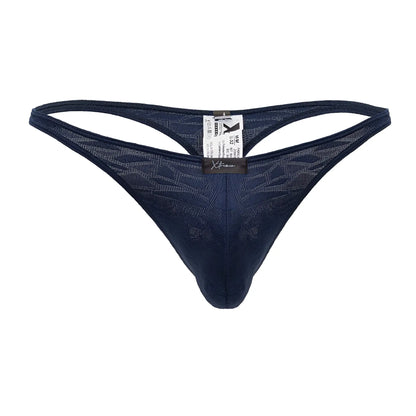 Dark blue sheer mesh xtremen 91200 jacquard thong with subtle geometric pattern and branded tag at the back