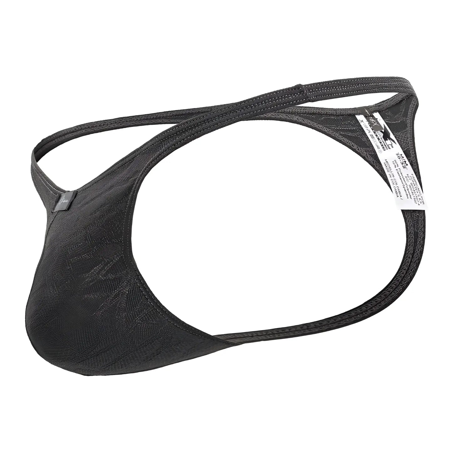 Gray xtremen 91200 jacquard thong with black lace trim sleek form-fitting design and adjustable straps back side view