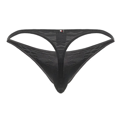 Xtremen 91200 jacquard gray thong with black mesh and subtle geometric pattern featuring a red logo on waistband