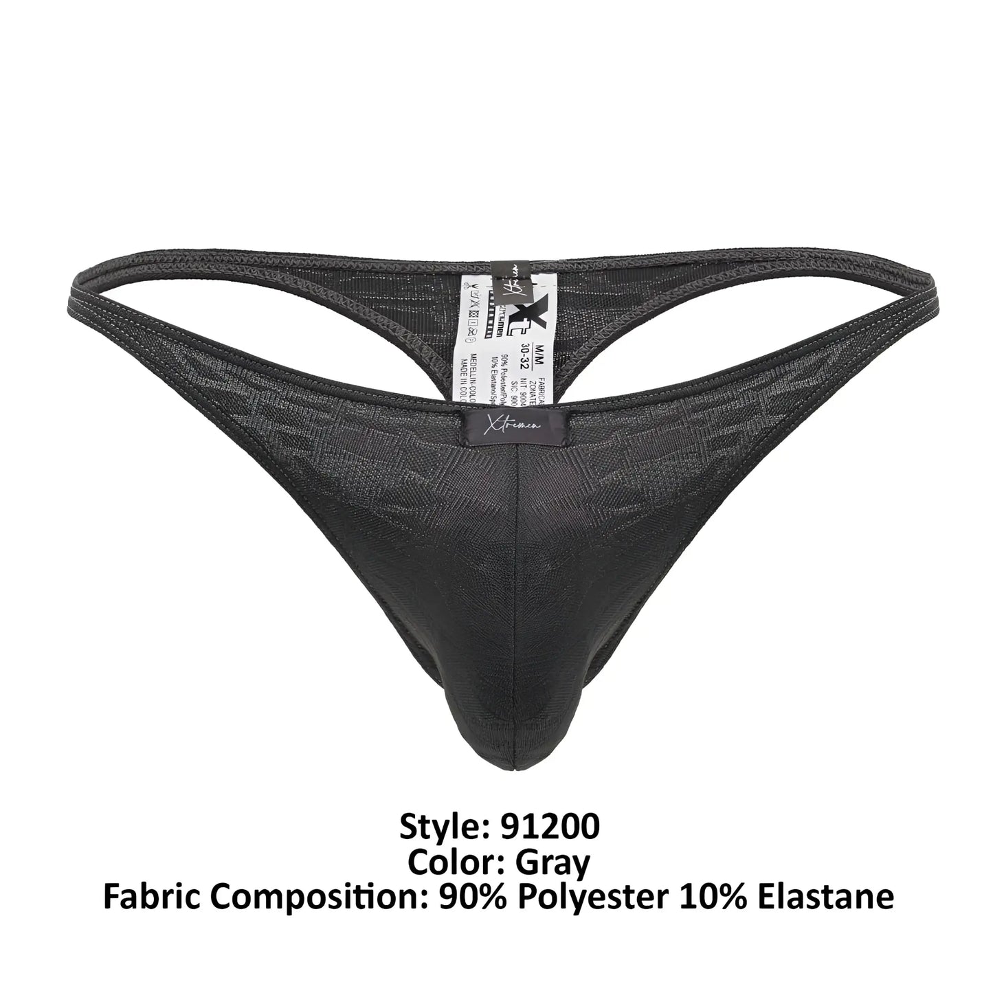 Gray xtremen 91200 jacquard thong with subtle textured pattern made of 90 polyester and 10 elastane