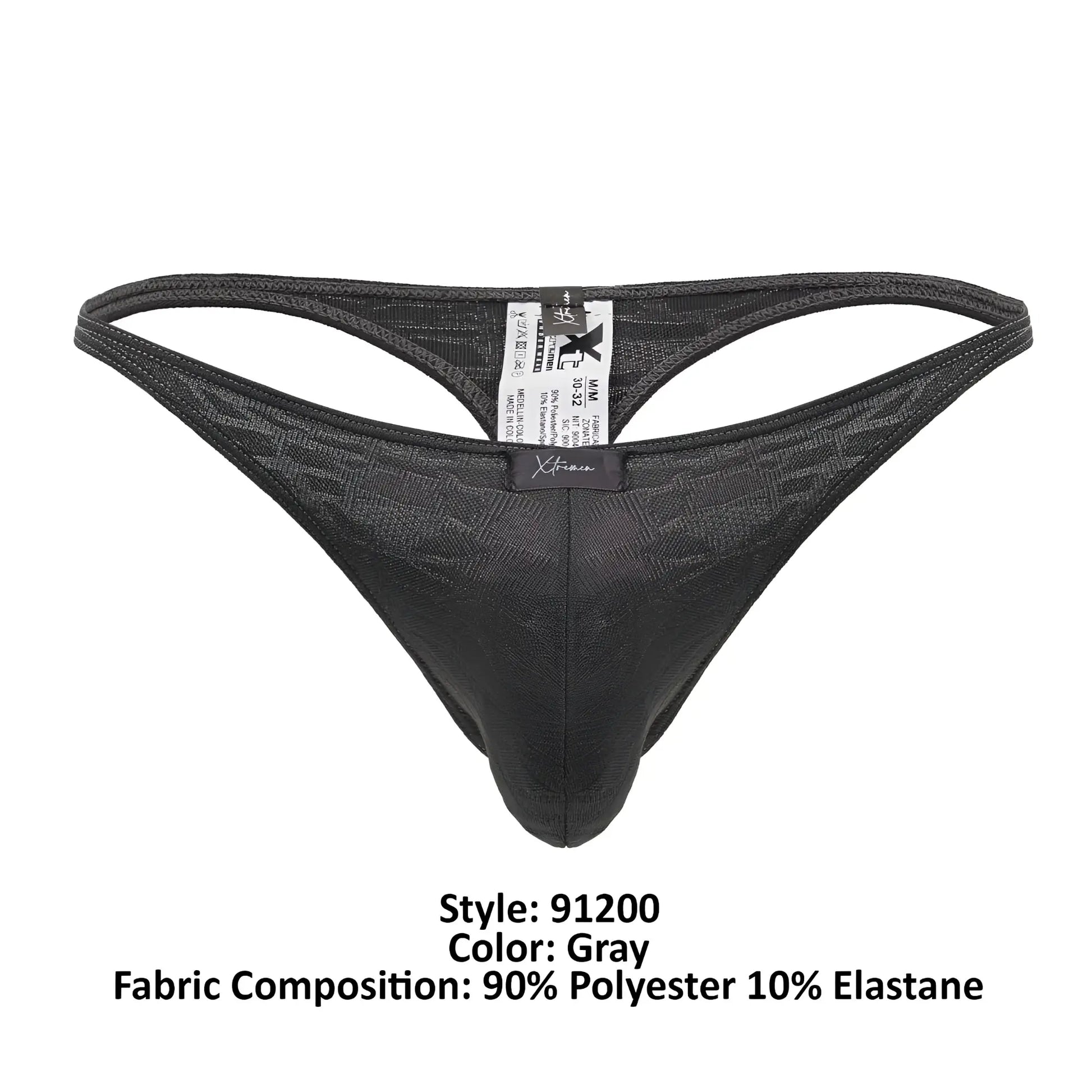 Gray xtremen 91200 jacquard thong with subtle textured pattern made of 90 polyester and 10 elastane