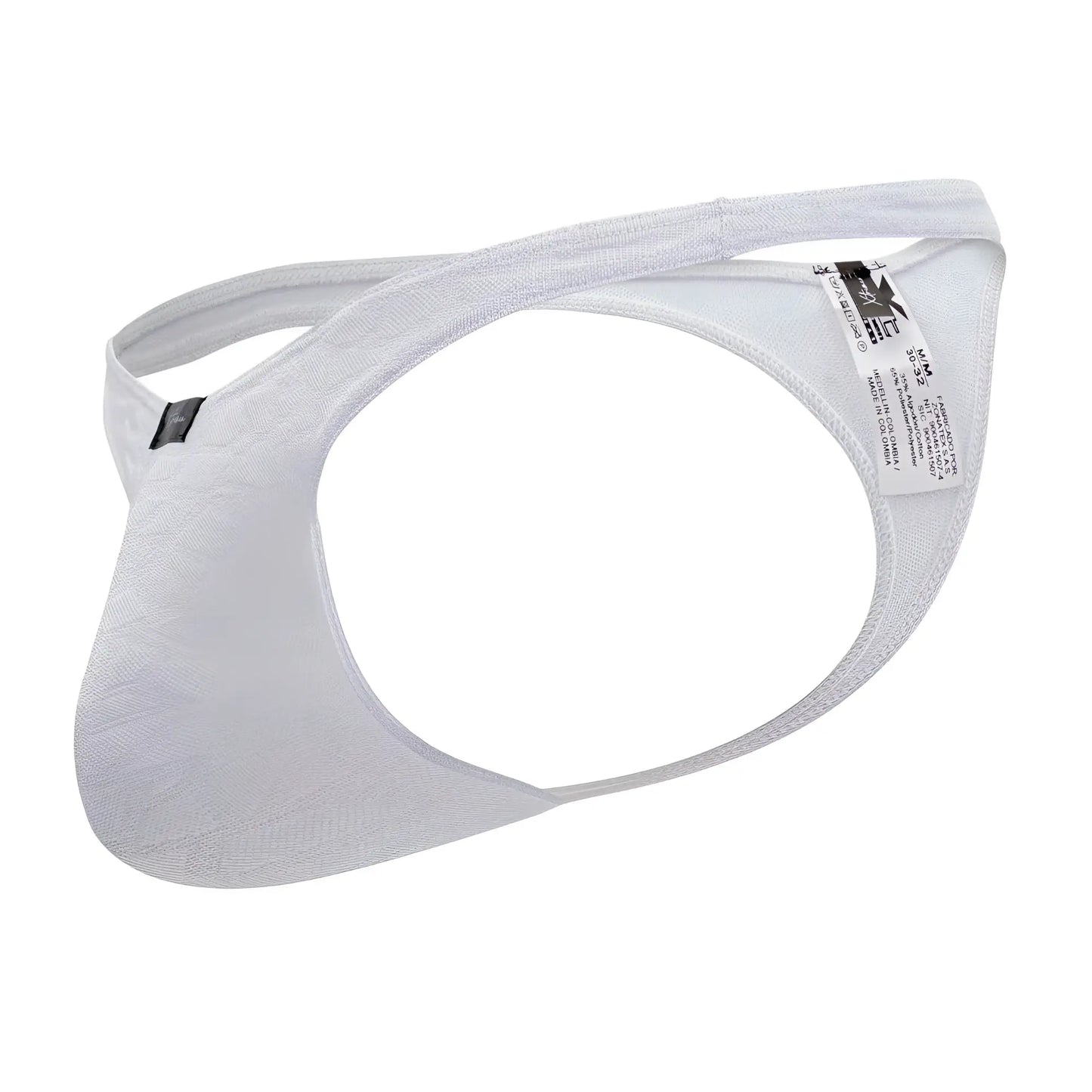 White xtremen 91200 jacquard thong with lace trim, subtle textured pattern, and adjustable straps for men