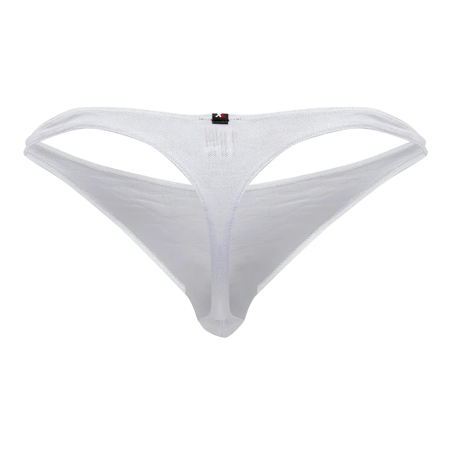 Back view of xtremen 91200 jacquard white mesh thong with subtle shimmer and small black brand tag