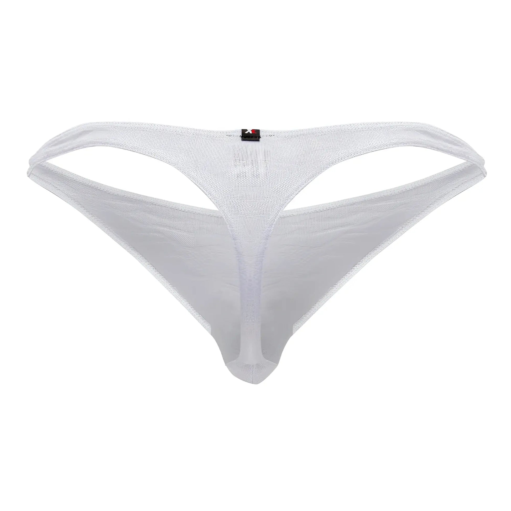 Back view of xtremen 91200 jacquard white mesh thong with subtle shimmer and small black brand tag