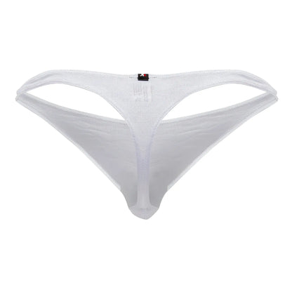 Back view of xtremen 91200 jacquard white mesh thong with subtle shimmer and small black brand tag