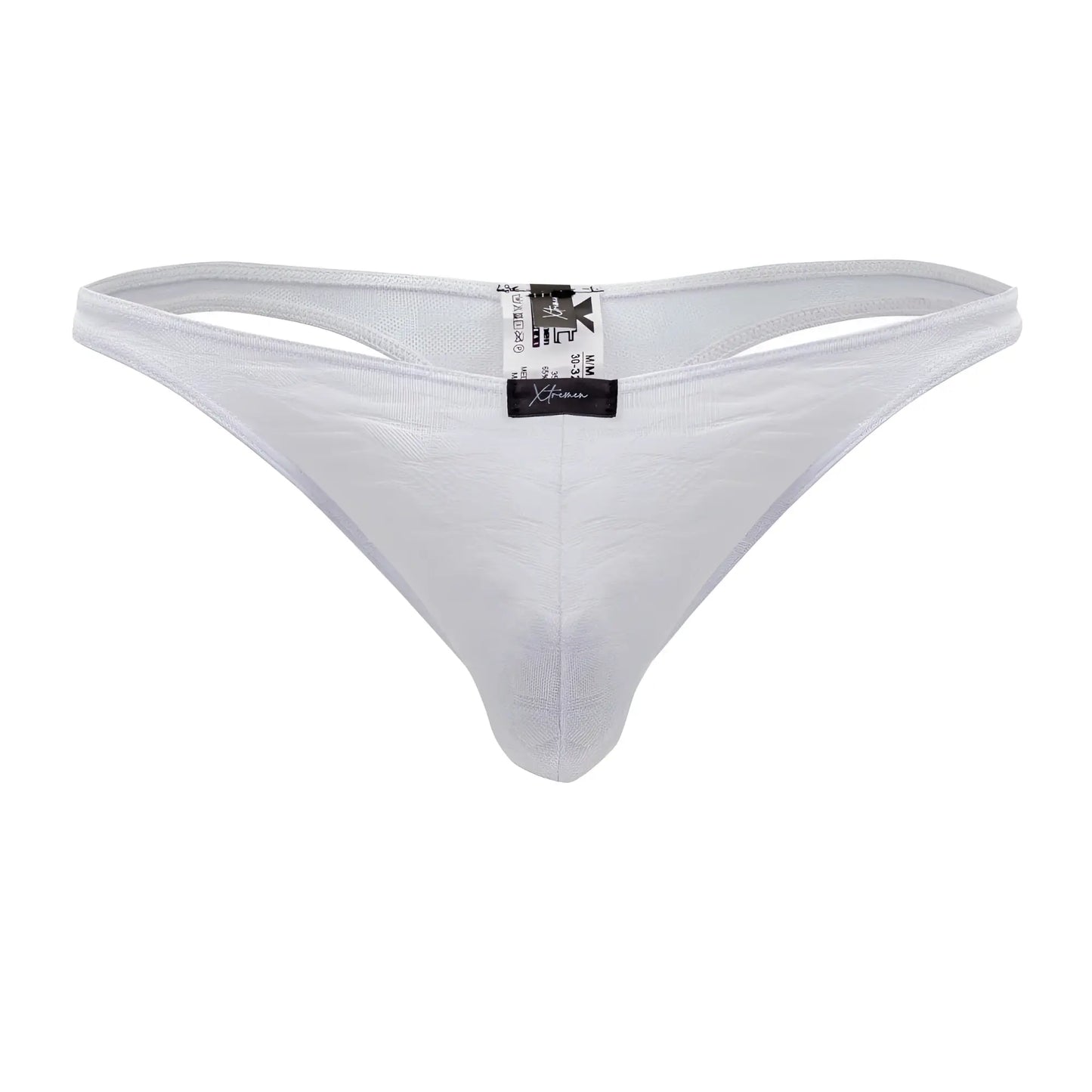 Back view of white xtremen 91200 jacquard thong with textured subtle pattern and black brand tag