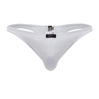 Back view of white xtremen 91200 jacquard thong with textured subtle pattern and black brand tag
