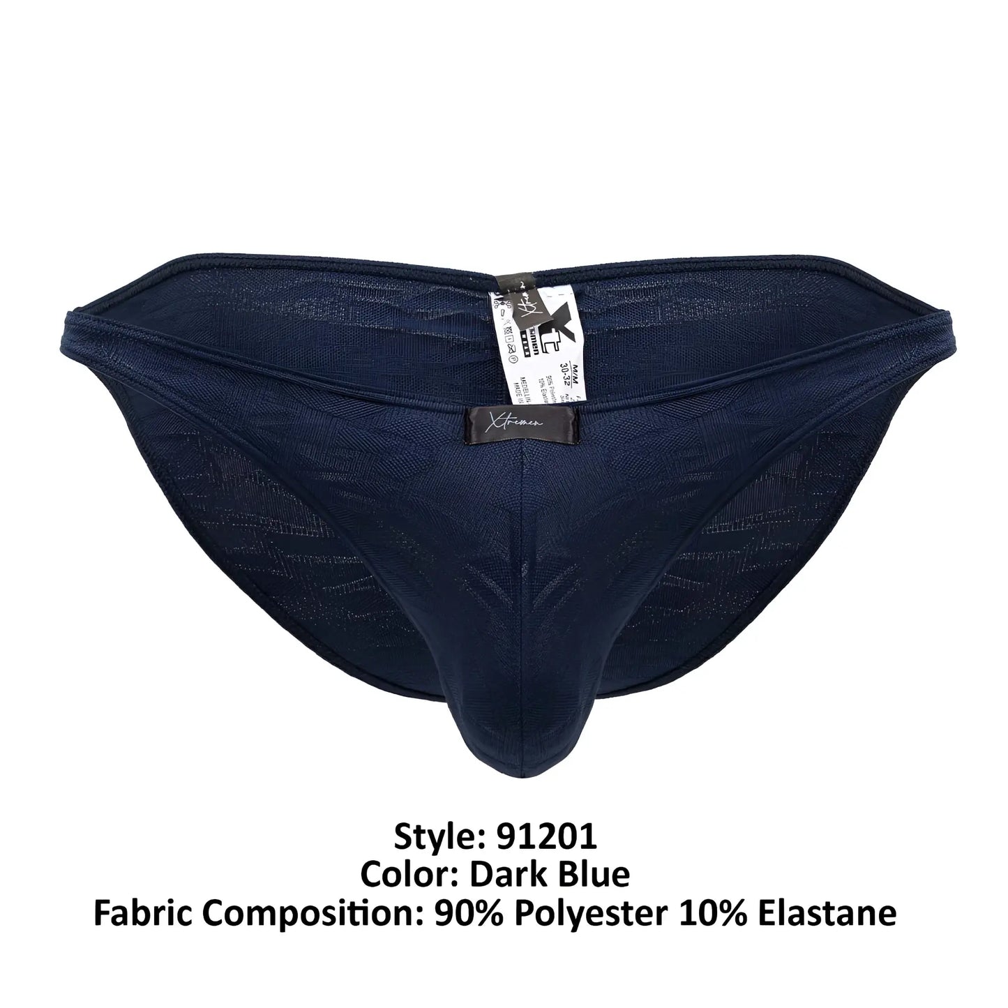Dark blue xtremen 91201 jacquard bikini men’s briefs with textured polyester and elastane fabric close-up view