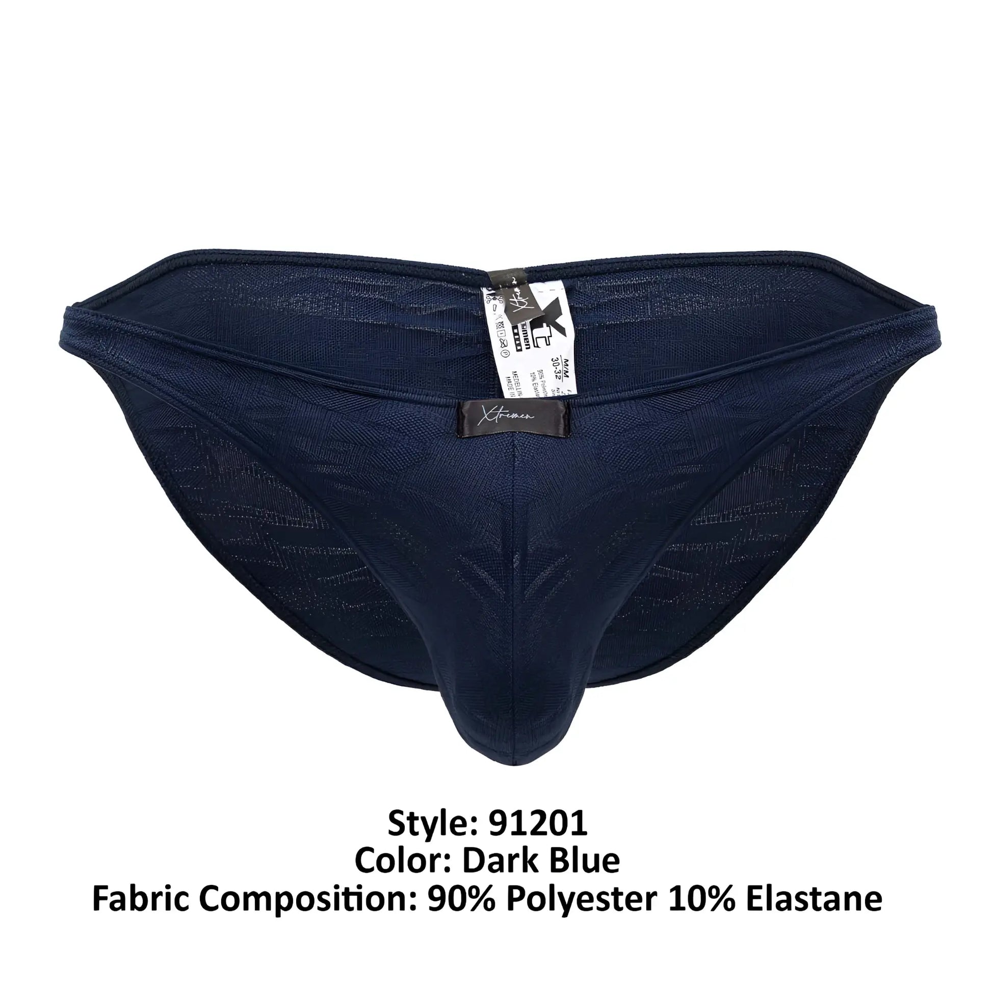 Dark blue xtremen 91201 jacquard bikini men’s briefs with textured polyester and elastane fabric close-up view