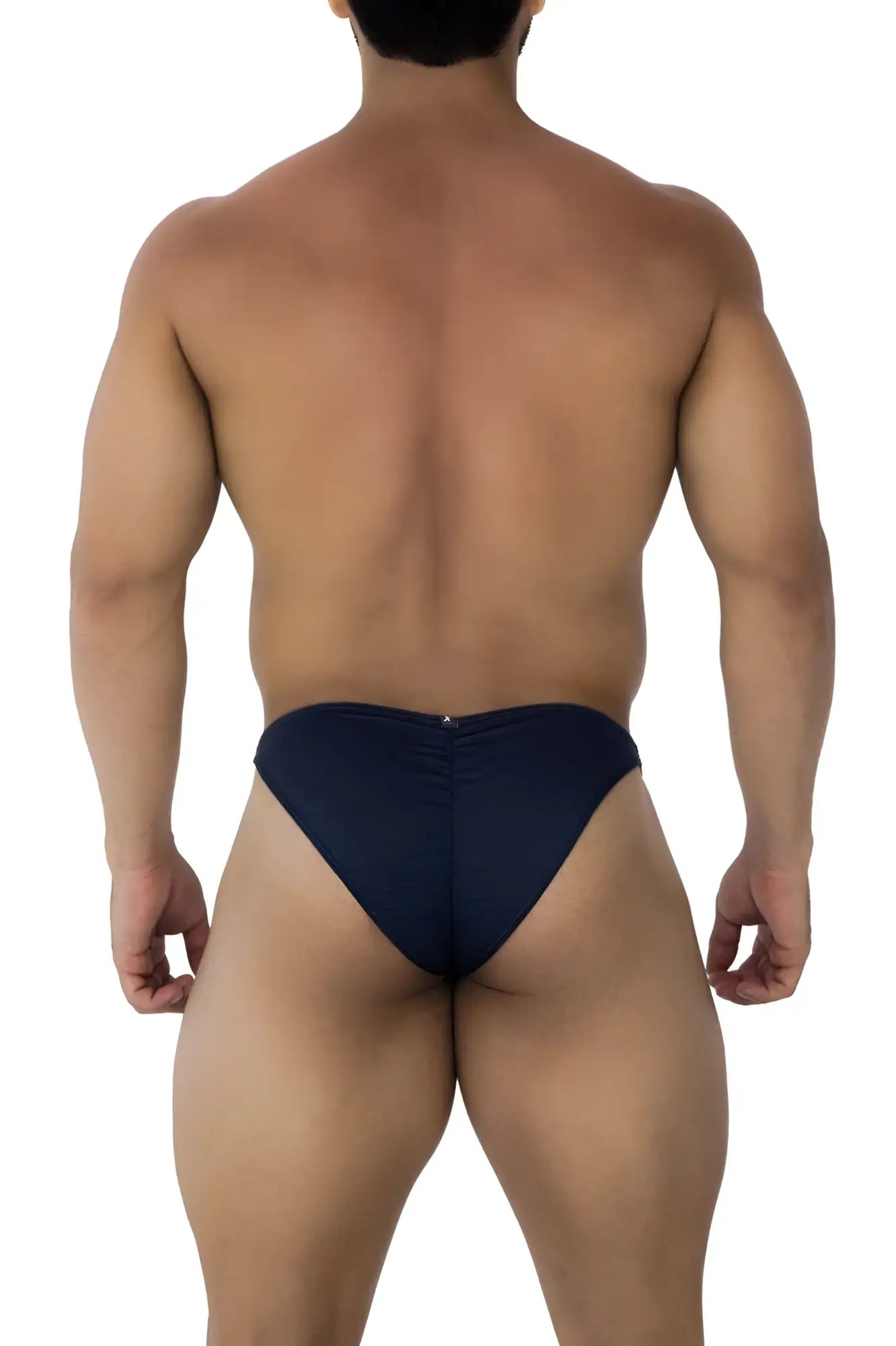 Navy blue xtremen 91201 jacquard bikini briefs shown from the back with a central zipper detail
