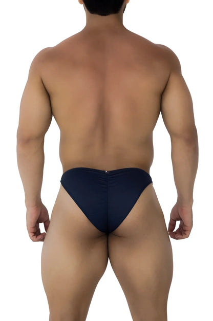 Navy blue xtremen 91201 jacquard bikini briefs shown from the back with a central zipper detail