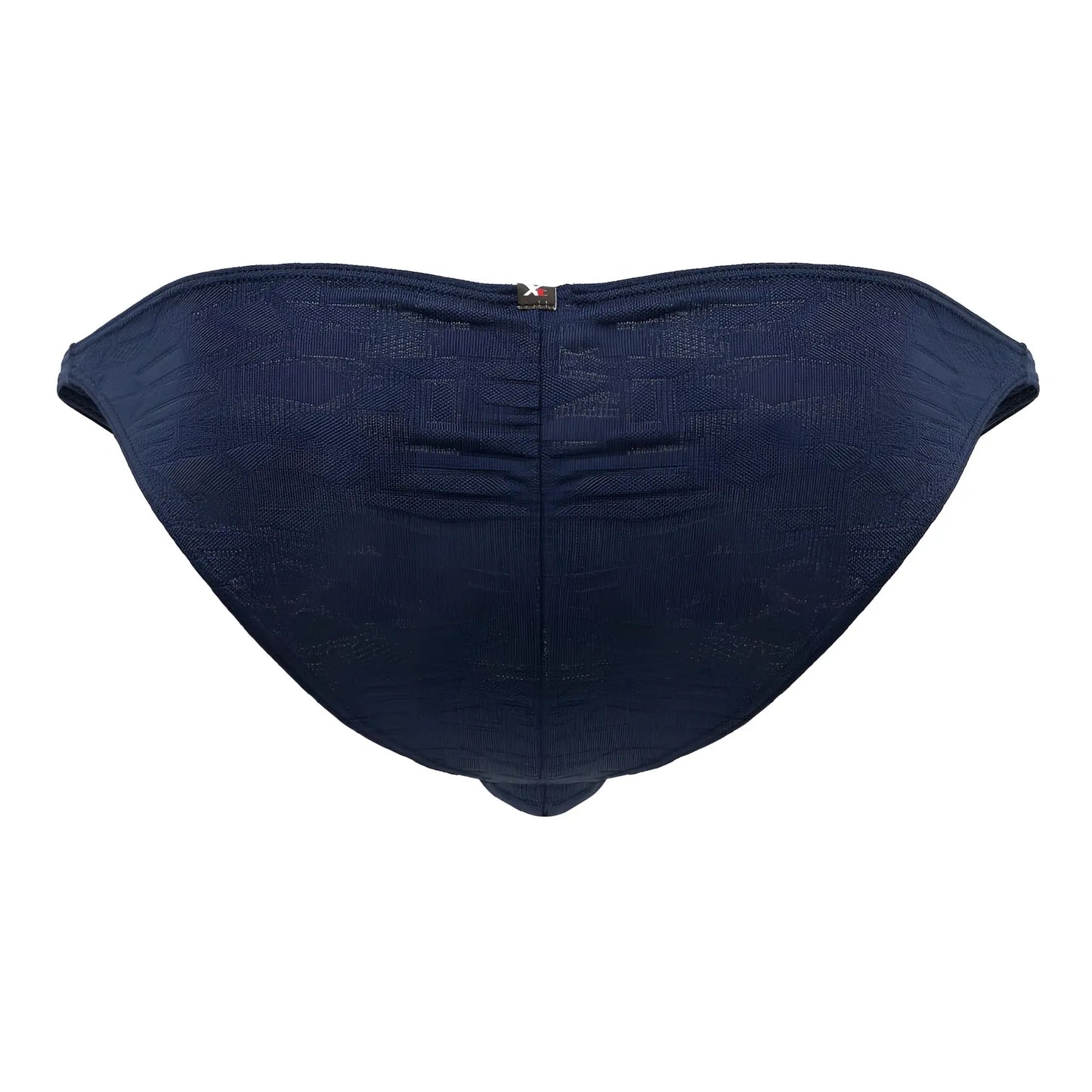 Navy blue textured jacquard bikini bottom with a small metallic tag at the center back xtremen 91201